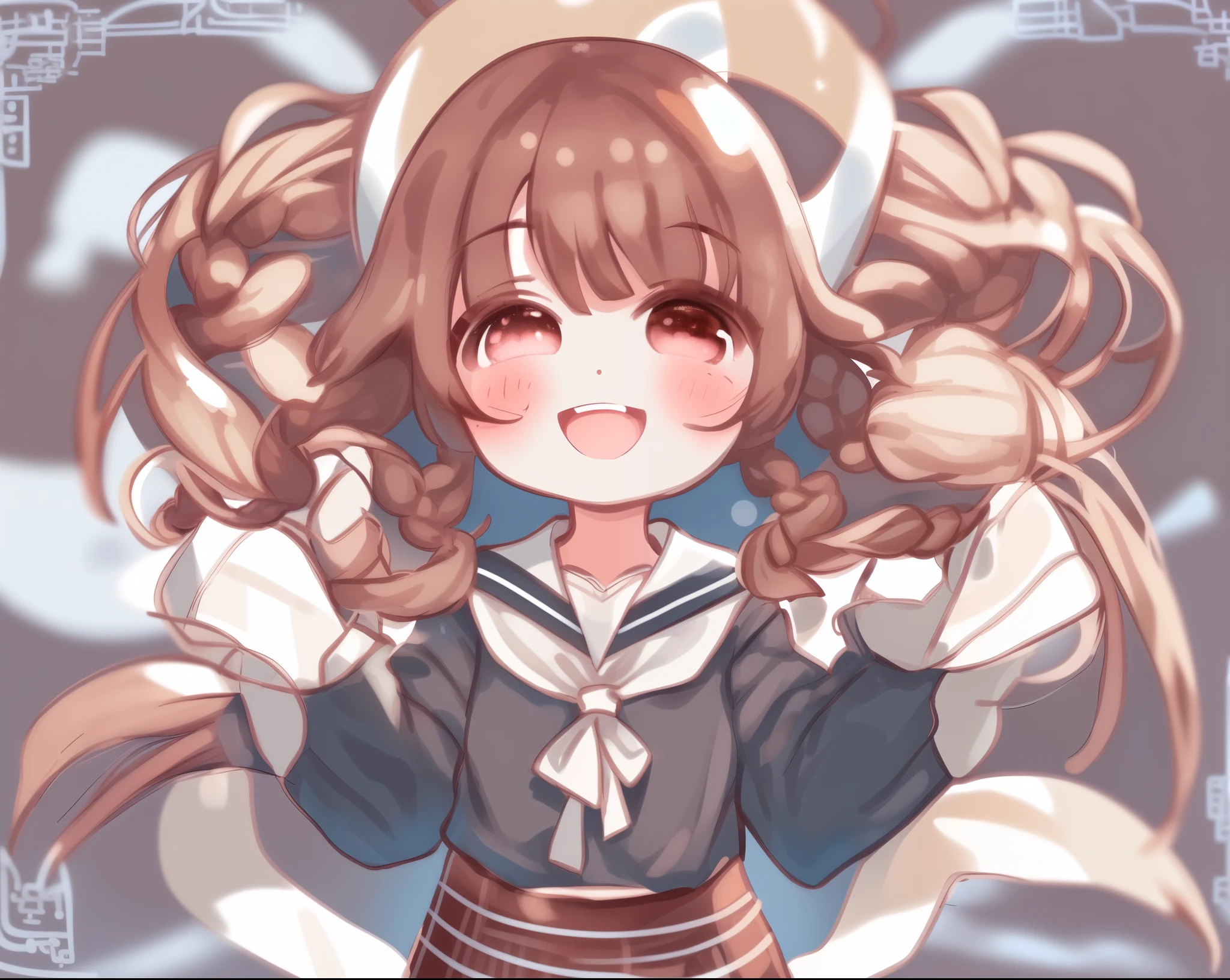 round image, caizi touxiang, 1girl, solo, braid, twin braids, open mouth, smile, round image, circle, brown hair, looking at viewer, :d, hand up, blush, sailor collar, brown eyes, bangs, long hair, long sleeves, chibi, , shirt, blunt bangs, serafuku, upper body, white background, simple background