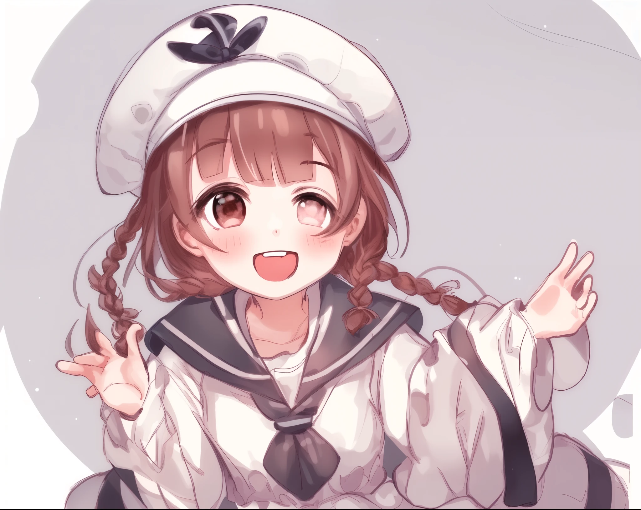 round image, caizi touxiang, 1girl, solo, braid, twin braids, open mouth, smile, round image, circle, brown hair, looking at viewer, :d, hand up, blush, sailor collar, brown eyes, bangs, long hair, long sleeves, chibi, , shirt, blunt bangs, serafuku, upper body, white background, simple background