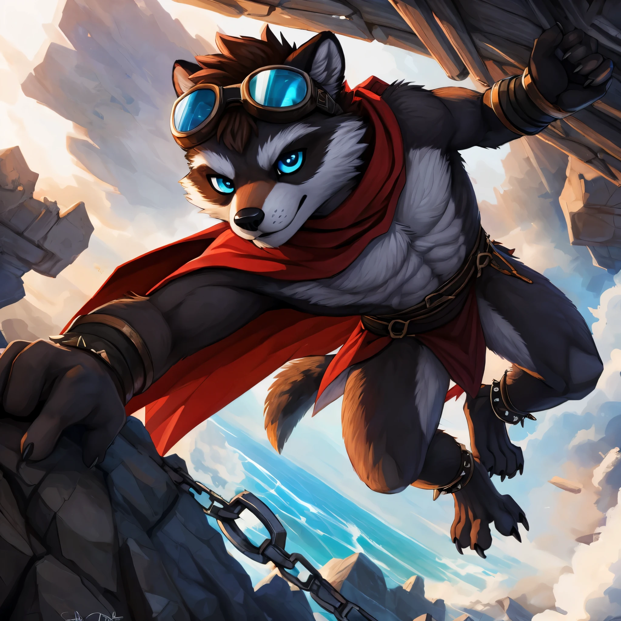 High-quality illustrations, unparalleled masterpiece, (furry anthro:1.7)absurdres(highly detailed beautiful face and eyes)perfect anatomy, expression, caustics, no lighting, deep shadow, dynamic angle, masterpiece, high quality, hi res, solo, Furry, furry, teencoon, spiked brown hair only on head, red scarf, blue eyes, goggles, chain harness, Black loincloth, red cape, masterpiece, detail body, fur all over body, detailed face, detailed eyes, detailed hands, Skinny, claws, high resolution, metal cuffs on wrists, metal cuffs on ankles, no shirt, no underwear, action pose, art by pache_riggs