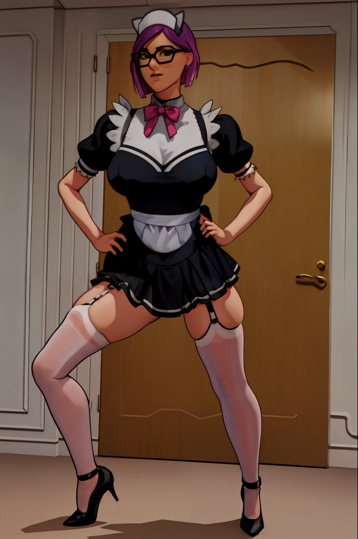  intricate details, 1girl, mature female, solo, standing, (legs apart:1.1), spread legs, hands on hips, full body,
looking at viewer, determined,
Pick hair, short hair, green eyes, glasses, earrings, jewelry, 
maid, maid headdress, bowtie, maid apron, black shirt, puffy short sleeves, miniskirt, white thighhighs, garter straps, high heels,
(curvy:1.1), large breasts,
indoors, luxury room, window, mansion,
