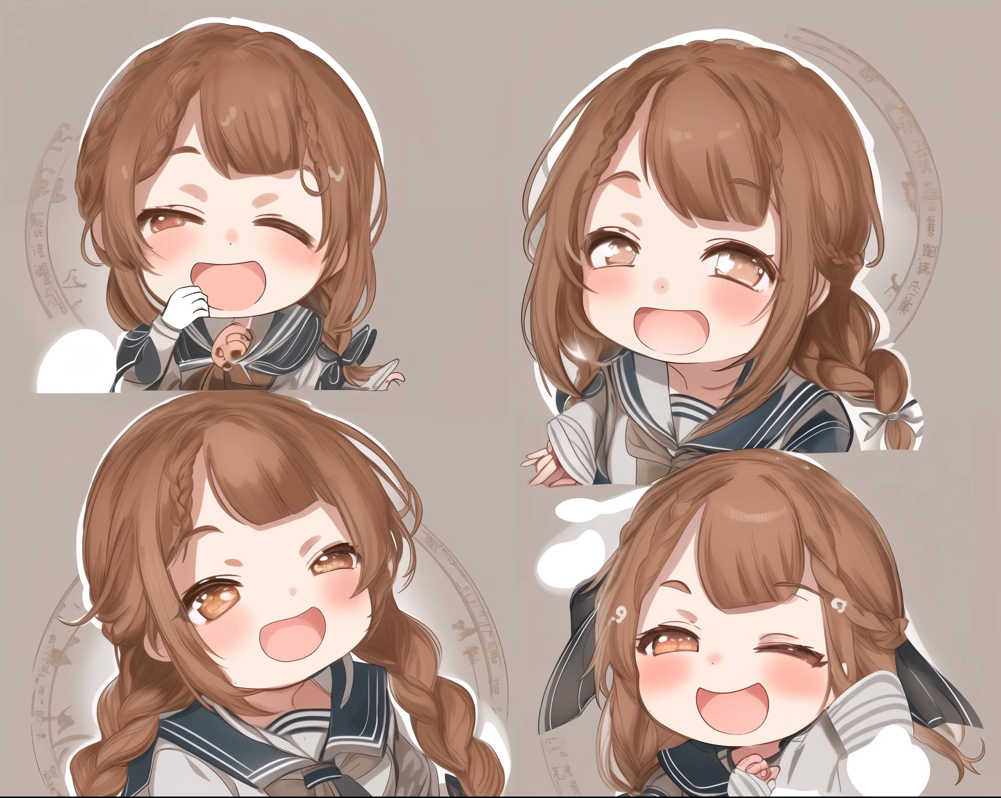 round image, caizi touxiang, 1girl, solo, braid, twin braids, open mouth, smile, round image, circle, brown hair, looking at viewer, :d, hand up, blush, sailor collar, brown eyes, bangs, long hair, long sleeves, chibi, , shirt, blunt bangs, serafuku, upper body, white background, simple background