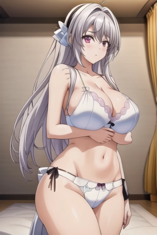 NSFW,(One girl:1.5),koneko toujou (dxd),Gray Hair,short hair,(Wedding Lingerie:1.5),Tattoo on the lower abdomen,(Perfect hands),(Perfect Anatomy),(masterpiece),(highest quality),smile,Embarrassed,blush,Luxury Room,chandelier,Crouching,With legs apart