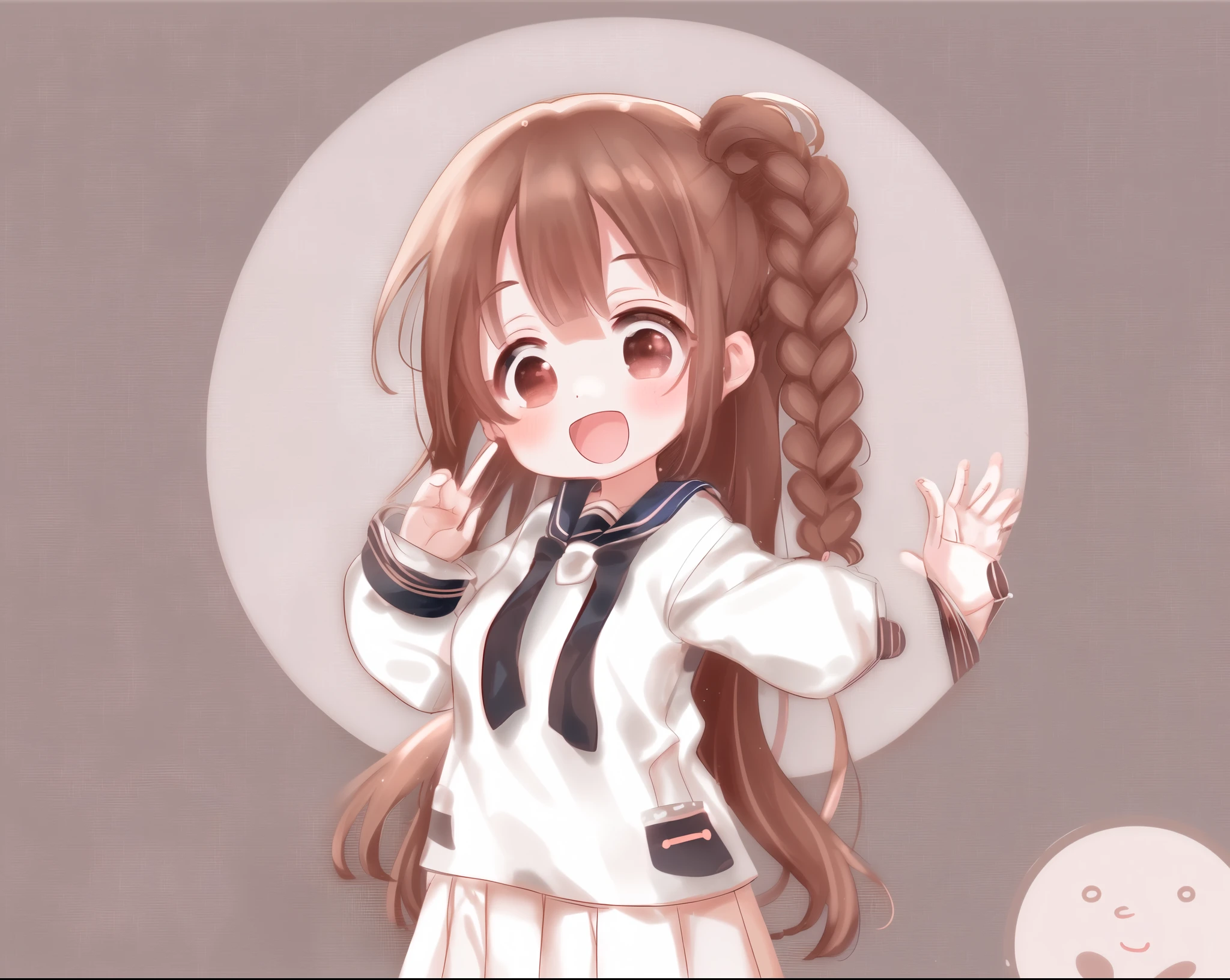 round image, caizi touxiang, 1girl, solo, braid, twin braids, open mouth, smile, round image, circle, brown hair, looking at viewer, :d, hand up, blush, sailor collar, brown eyes, bangs, long hair, long sleeves, chibi, , shirt, blunt bangs, serafuku, upper body, white background, simple background