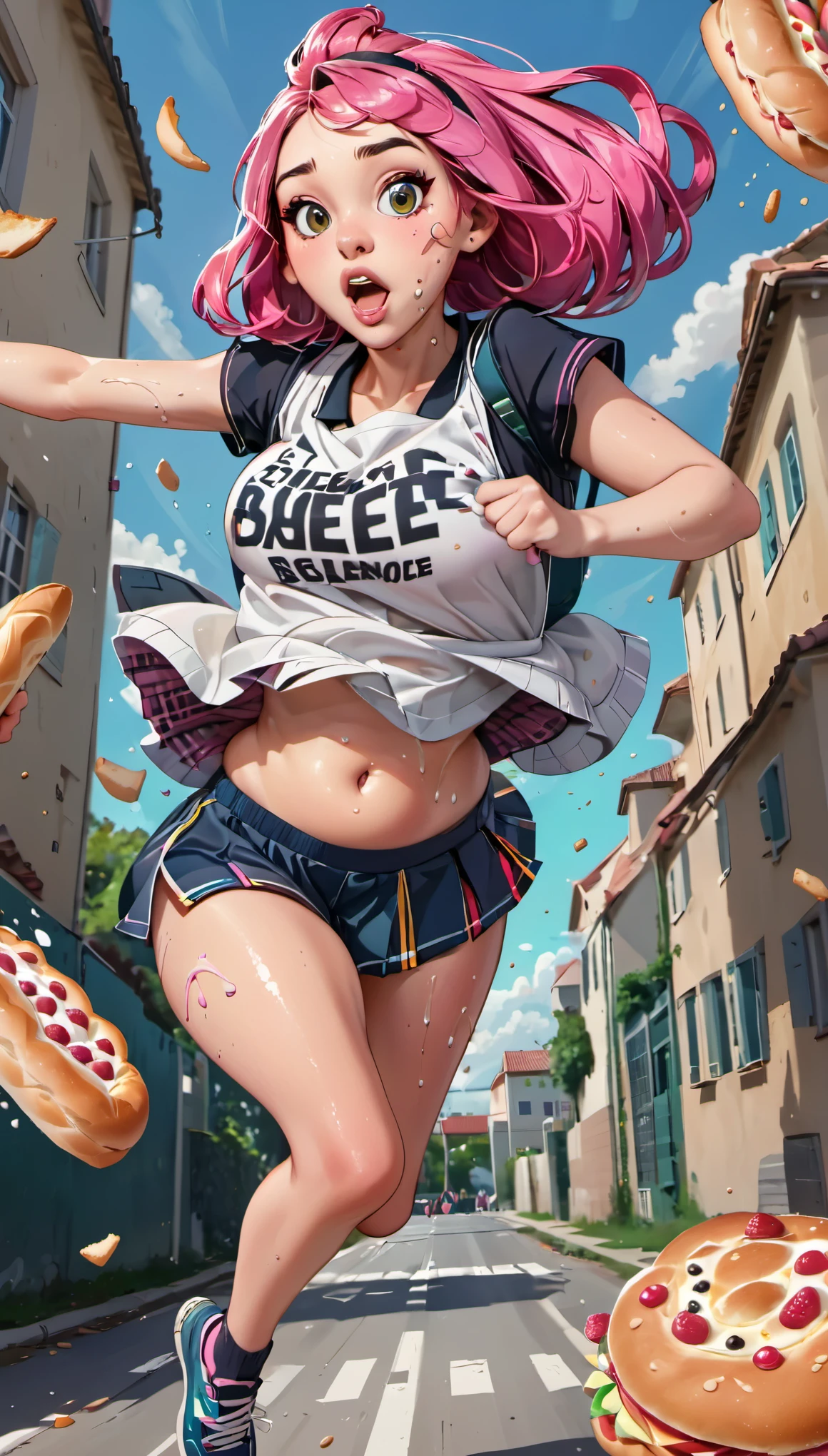 (running at full speed, followed by fat bakers jumping on her to hit them with baguette), girl with a beautiful face, black and pink hair, defined details, messy school clothes, looking at the camera, "Generate an illustration in a style that blends organic shapes with geometric patterns, emphasizing vibrant colors and dynamic compositions." (fat bakers running and grotesquely sweating)