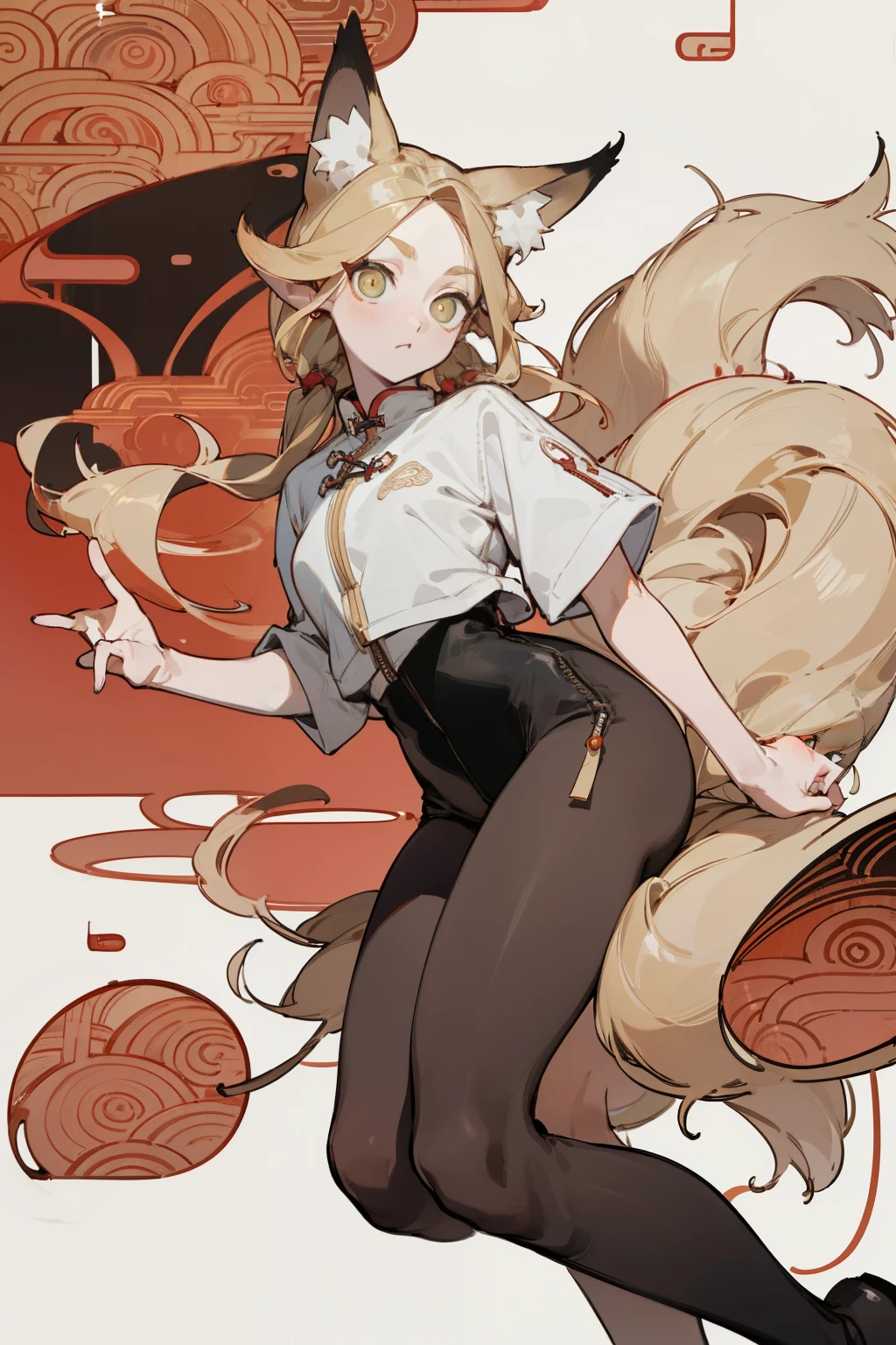 (masterpiece, best quality) detailed, Wearing black tights, silver accessories , The zipper is not closed , Blonde ,elegant, (Fox ears)，Red Eyeshadow, ，whole body，Chinese element pattern，thigh，漏出thigh，White shirt