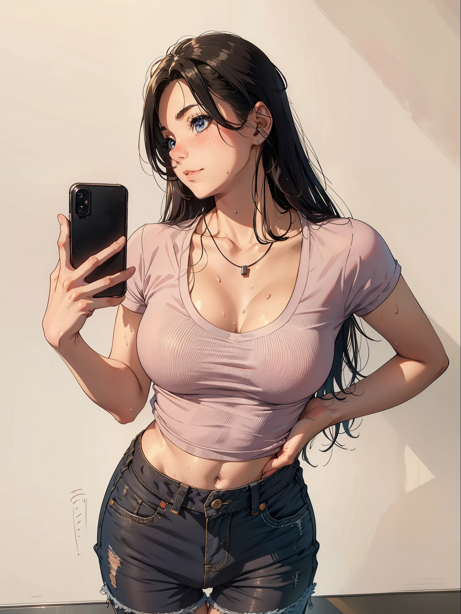 (), big boobs,(masterpiece), best quality, extremely detailed, (watercolor), bloom, delicate and beautiful, illustration, (from below),(1girl:1.4), (solo:1.2), large breasts, (ribbed sweater:1.3), off-shoulder sweater, (short shorts:1.2), bare shoulders, (underboob), (mirror selfie), beautiful eyes, (disheveled hair ), photography, over-the-shoulder shot, by Alex Maleev, professional, canon camera, nikon camera, sharp, bokeh, studio quality,(casual outfits)(infront of mirror)(brown hair)(messy room)(naval piercing)(bellybutton ring piercing)