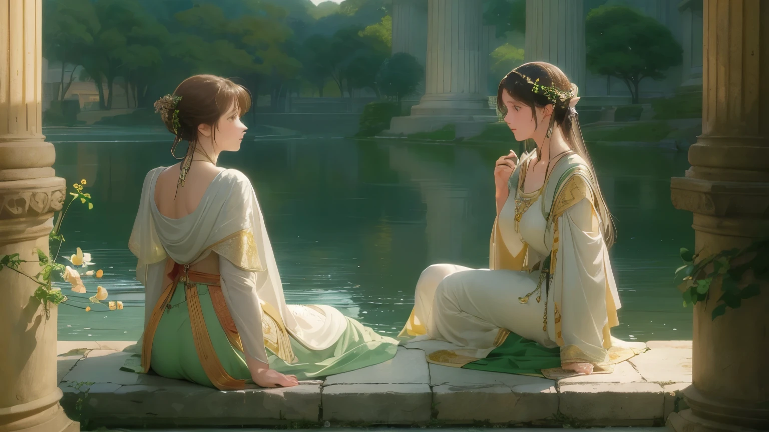 (highest quality、High resolution、masterpiece)、4K Anime Art、(three women are sitting on rocks in the river、whole body、20-year-old)、(Ancient Greek Scene) 、(Detailed depiction of a beautiful face)、Put your hair up、Captivating smile、(Ancient Greek Clothing、White tunic)、Movie Scenes、Soft Light、Ray-tracing、Soft Focus、greek architecture columns、greek pine、Blur the background、(Edmund Leighton Style)、(alma tadema style)、(David Hamilton Style)、(sergeant style)、