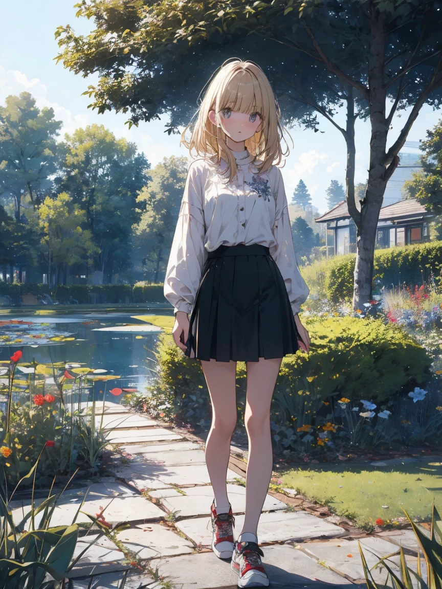 Blonde、garden、Standing on the shore of a pond、art、,mini skirt,vision,Small face bangs ,beauty,vision 、White blouse 、one person 、sneakers