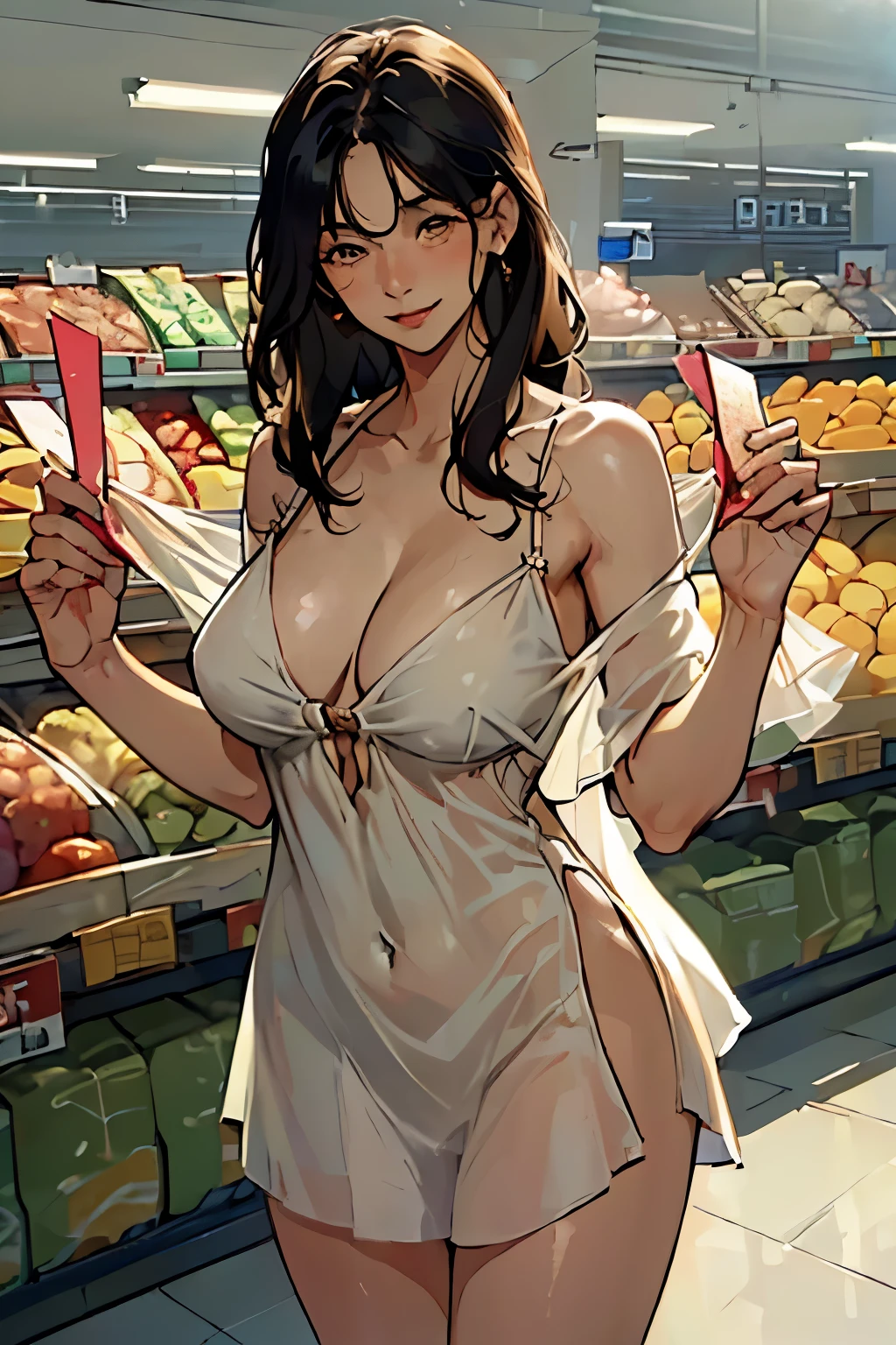 (((Best quality, 8K, masterpiece: 1.3,)), High-definition facial features, delicate facial feature, ung woman, thin abs, Beauty: 1.3, ((long hair, natural hair)), (((short transparent dress))) (((open shoulders))) beautiful face, (((tender eyes))), double eyelids, smile, I look at the viewer, (whole body 1.5), (((Young woman, which I bought at the store))), (((Supermarket))), ((((natural background)))), (standing), bare legs, open chest