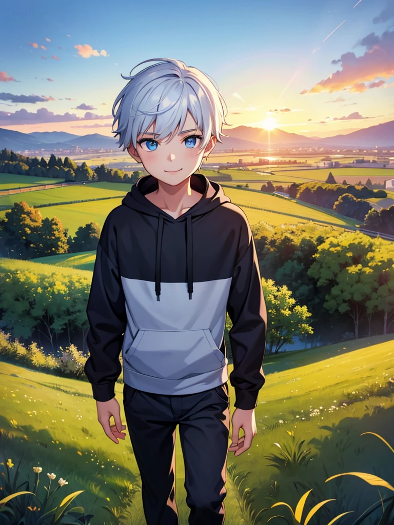 Young boy, solo, gay, short white hair, blue eyes, black long arm shirt, wearing hoodie, blue long pant, gently smiling, innocent, standing, grass field background, sunset time, masterpiece, pov top, portrait