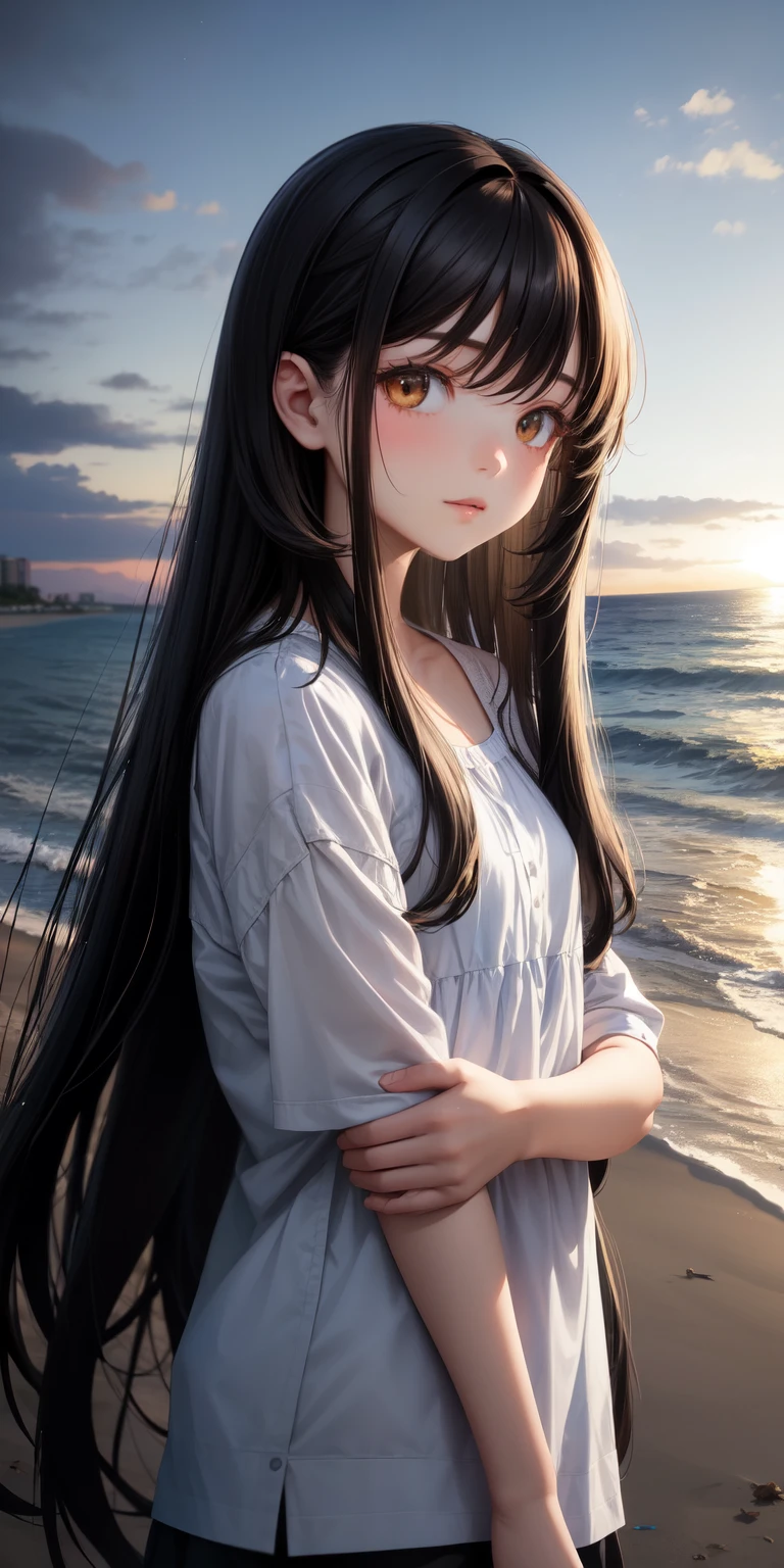 One girl with one boy , girl long black hair,boy brown hair , evening nature , near beach