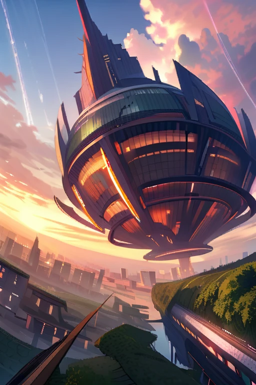 /imagine prompt: A peaceful scene at sunset over a futuristic city, from a children's novel. The young heroes relax after their adventure, overlooking a city where technology and nature harmoniously coexist, with flying vehicles and green rooftops. Created Using: peaceful, reflective, harmonious, futuristic, panoramic, serene, detailed, inspiring, hd quality, natural look --ar 16:9 --v 6.0