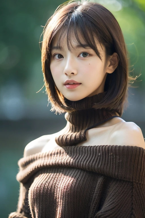 (highest quality、8k、32k、masterpiece)、Cute Japanese Women Photoedium Chest、(Wolf Cut)、(Dark brown short-haired cat),Full Body Shot、Surface Focus、((Off-the-shoulder turtleneck sweater))、necklace、From above、looking at the camera、Very delicate face, Skin and Hair,Muscular,Slender,High Style,high resolution、The background is the city、Kind eyes、