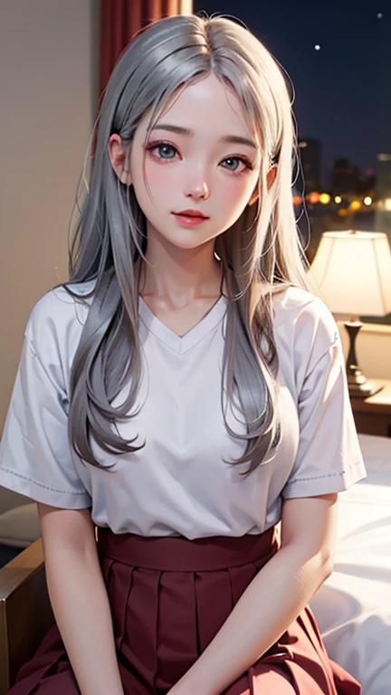 blunt bangs, ahegao silly/sexual ecstasy), photorealistic, high resolution, one girl, gray hair, korean, heterochromic eyes, small moles under eyes, big, midsummer, sweat, fitted white shirt, black skirt, schoolgirl uniform, black hair