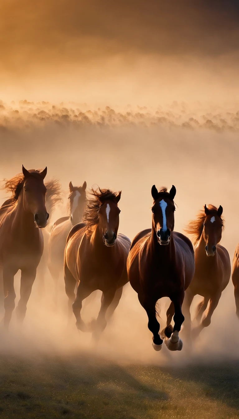 A herd of horses racing in the sky through the clouds through the fog