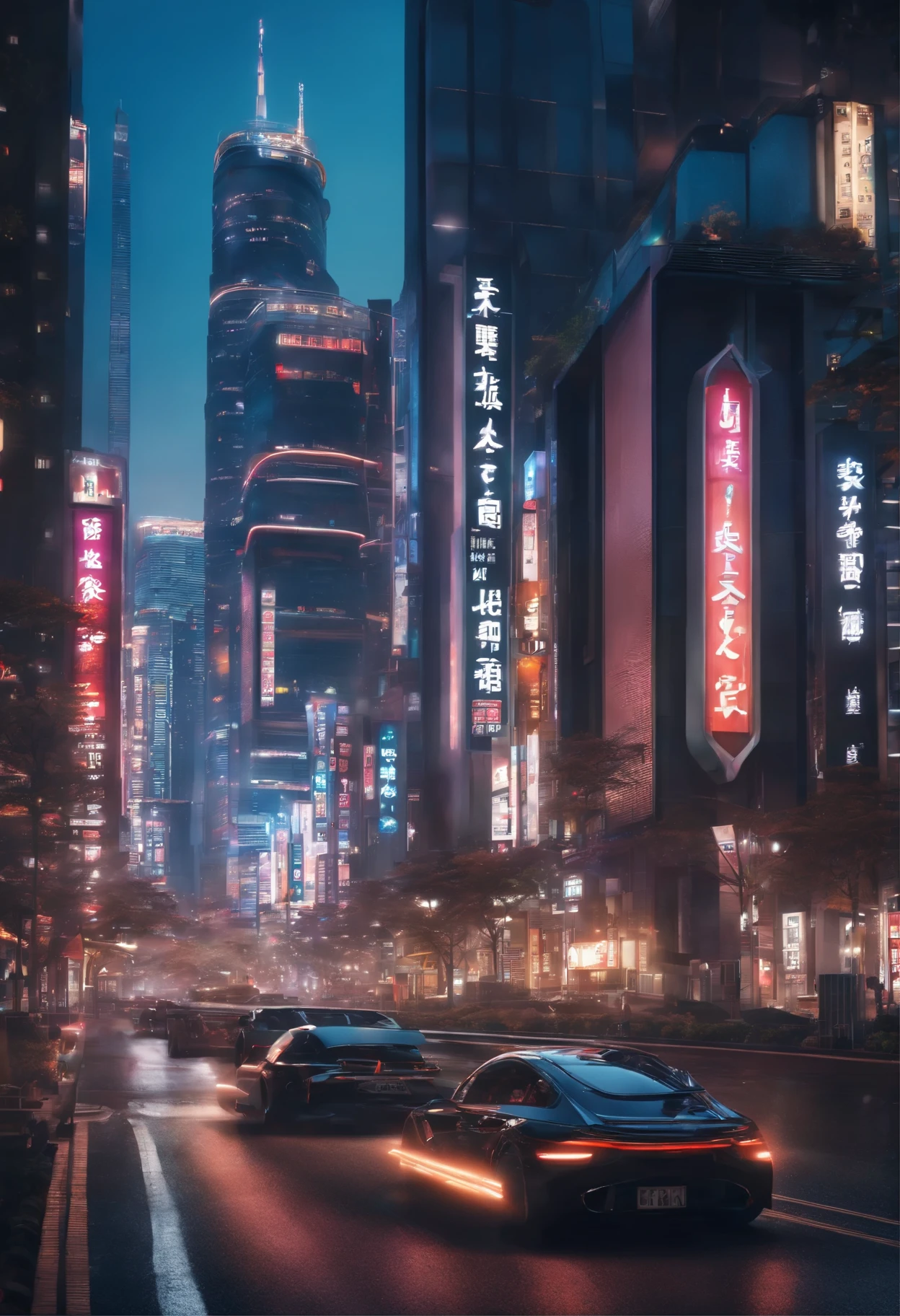 Futuristic style Japanese city。There are several mirrored buildings with vibrant lighting and lots of twinkling lights.、Beautiful image set wallpapers in realistic ultra-high resolution billboard style、There are many realistic buildings with shiny car signs。
