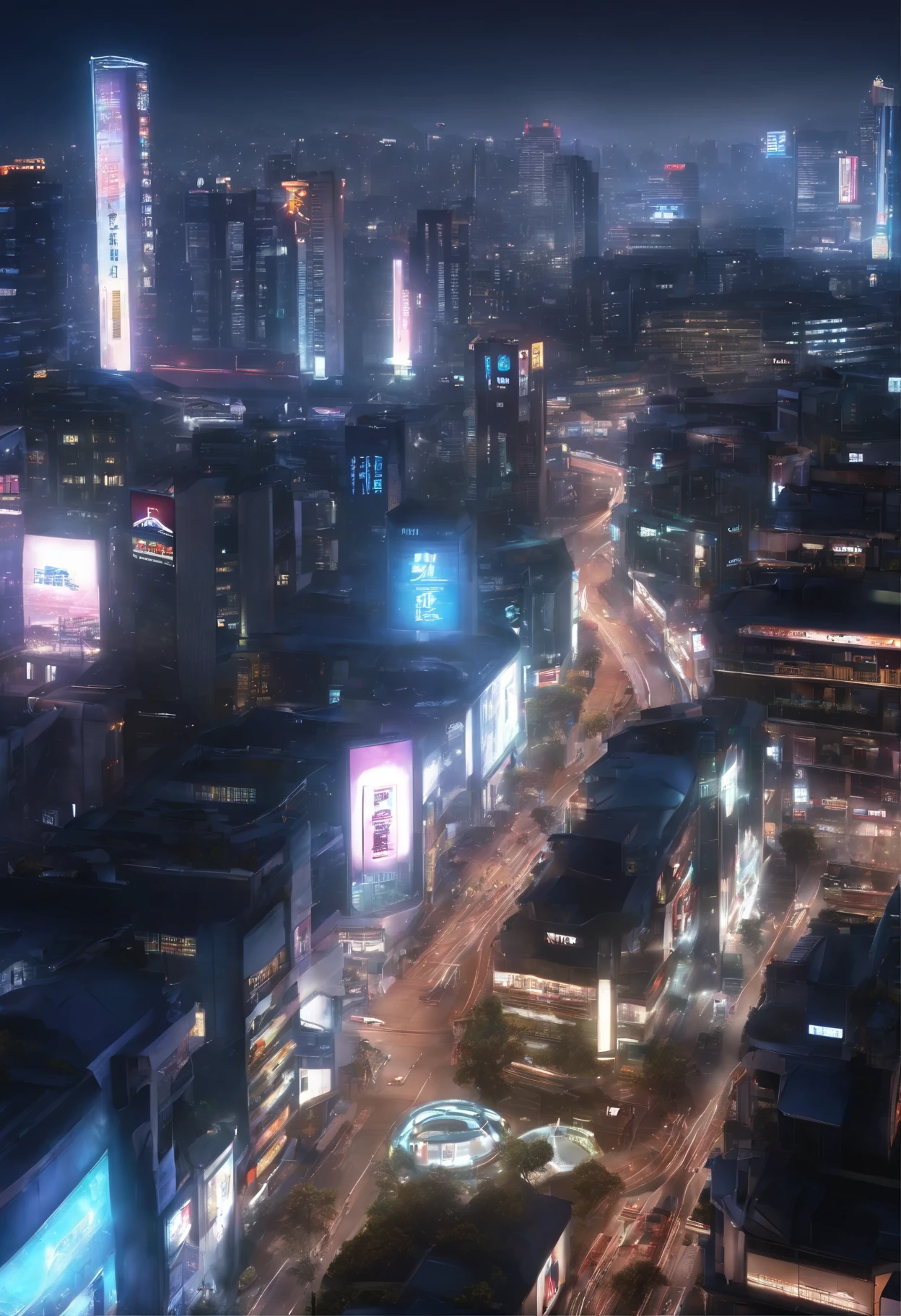 Futuristic style Japanese city。There are several mirrored buildings with vibrant lighting and lots of twinkling lights.、Beautiful image set wallpapers in realistic ultra-high resolution billboard style、There are many realistic buildings with shiny car signs。