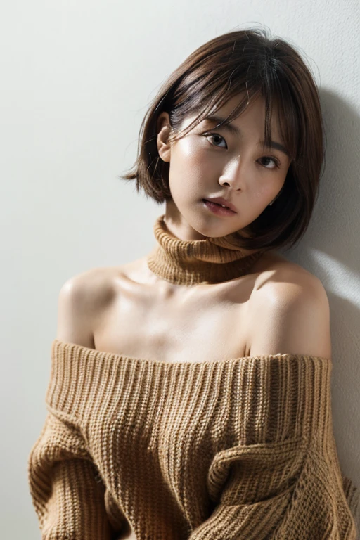 (highest quality、8k、32k、masterpiece)、Cute Japanese Women Photoedium Chest、(Wolf Cut)、(Dark brown short-haired cat),Full Body Shot、Surface Focus、((Off-the-shoulder turtleneck sweater))、necklace、From above、looking at the camera、Very delicate face, Skin and Hair,Muscular,Slender,High Style,high resolution、Kind eyes、In front of a white wall