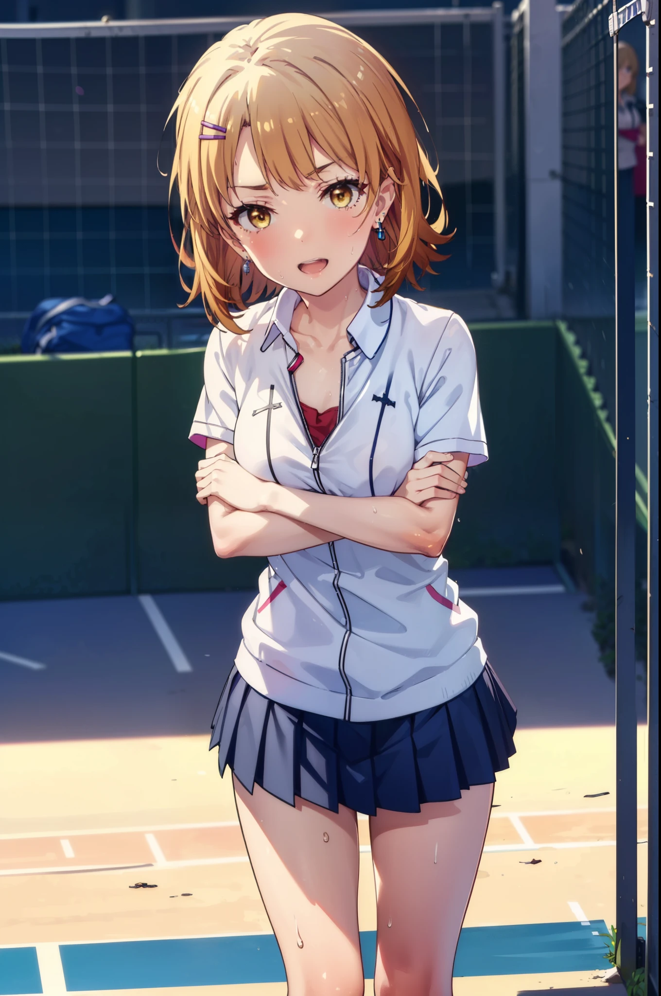 irohaisshiki, Iroha Isshiki, short hair, Brown Hair, (Brown eyes:1.5), happy smile, smile, Open your mouth,smile,
Tennis uniform, Hair Clip, Earrings, jewelry, nm1, Hair Ribbon, short hair, tennis cosplay, (Pleated super short skirt:1.4), (Thighs:1.3), (large teeth:1.3), large chests, (Provocative face:1.3), Open your mouth, (Cross your arms:1.3), (chest:1.3), teeth, Round eyes, (blowing in the Wind:0.5), Sweat around the girl, Dripping Sweat, Squall (Wind:1.2), Speed, 爽やかなWind, Motion Blur Effect, Wind, (I can&#39;t see your pants:1.4) break background is (Tennis court:1.3), (Stand in the center of the screen:1.3), (10,000 spectators:1.3), There are multiple people behind you, Blue sky with clouds, Outdoor, (Amazing panoramic views:1.2), Wind break sunlight, Nice views, Rainbow in the sky, Particles of light,
break outdoors, Tennis court,
break looking at viewer,
break (masterpiece:1.2), highest quality, High resolution, unity 8k wallpaper, (figure:0.8), (Beautiful fine details:1.6), Highly detailed face, Perfect lighting, Highly detailed CG, (Perfect hands, Perfect Anatomy),