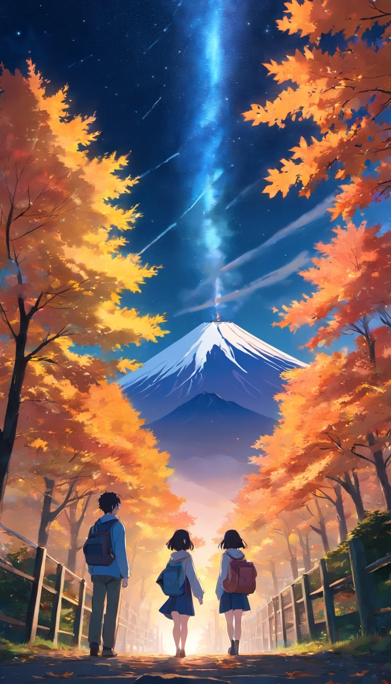 Mt. Fuji in the background。autumn。Student in late teens。2 men。1 female。Night Sky。You can see the maple trees in the foreground。Looking up at the sky。