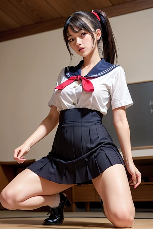 (masterpiece, highest quality, Very detailed, 8k, wallpaper, Realistic), (One girl, 18-year-old, Japanese students:1.5), (Medium Shot, From below:1.4), Voluptuous body, Nice hands, Perfect Anatomy, (bursting breasts:1.3), Long, round legs, Round ass, Attractive girl, (Wearing a crisp white blouse, Canvas of Friendship, Often adorned with a sailor-style collar:1.2), (Knee-length with pleats, Red School Skirt), (low ponytail with ribbon), Seductive pose, (squat), Looking at the audience,((Sexual seduction pose:1.5))、