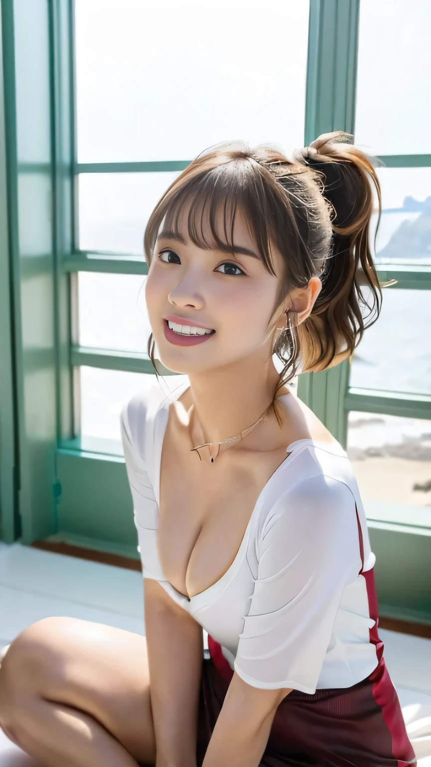 masterpiece, 1 beautiful girl, Detailed eyes, Puffy eyes, highest quality, 超A high resolution, (Reality: 1.4), Cinema Lighting, Japanese, Asian Beauty, Super Beauty, Beautiful Skin, Slender, Body facing forward, (Surreal), (High resolution), (8k), (Very detailed), (Beautiful and detailed eyes), (Ultra-detailed), (wall-), (Natural smile), Detailed face, Bright lighting, Professional Lighting, View your viewers, Look straight ahead, ponytail, My hair is messy, Asymmetrical bangs, Night Scenery, Brown Hair, Japan is an idol, Korean Idol, Gravure idol pose, , 19 years old, expensive,
20-year-old, 1 person, ((Beautiful female announcer,A kind smile:1.2)),
((Gorgeous Earrings, Long Necklace:1.2)),
((Sitting on the floor, Stand on your feet, Open your legs a little:1.5)),
(Full body image from thigh, Pay attention to the beautiful thighs:1.2),
((Soccer uniforms:1.5)),((Beautiful breast growth:1.5)),
((Sexy atmosphere, Naughty pose, Staring with an erotic gaze:1.2)),
((Luxurious bedroom in a luxury hotel, White bed, White wall, White floor)),
((The midsummer sun shines on the whole)),
((The large windows overlook the ocean horizon.:1.2)),
Realistic skin texture, Fair skin, Shiny skin, Healthy thighs,
Very detailed face, Slim face contour, Beautiful small face, Beautiful Nose,
超Detailed eyes, Slit eyes, Brown eyes, double eyelid, Ultra-thin eyebrows, Thin, long eyelashes,
Ultra-detailed唇, Plump and moisturized lips, Glossy pink lips, Flushed Cheeks, ((White beautiful teeth)),
Beautiful actress's languid make-up, Pink lipstick, Smoky eyeshadow, Eye foundation,
Dark Brown Hair, Delicate soft hair, Hair blowing in the wind,
(Elegantly putting your hair up, Medium Short Hair, ponytail:1.2),
Layered Cut, (Blunt bangs:1.2),
((Open your mouth a little)), Looking into the camera,
((Raise your face slightly)),
((Squinting)),
((pursing lips:1.2)),
((Blushing)),