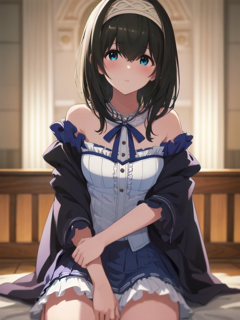 (((masterpiece))), two-dimensional, best quality, illustration, (((pixel-perfect, detail-perfect))), ((ultra-detailed)), (illustration), ((an extremely delicate and beautiful)), perfect body, solo, 1girl, Alone, ((sagisawa_fumika)), idolmaster_cinderella_girls, beady eyes, ((deepblue_eye)), hairband, ((black_hair)), (((straight_hair))), (((medium_hair))), wearing highleg, sagisawa fumika