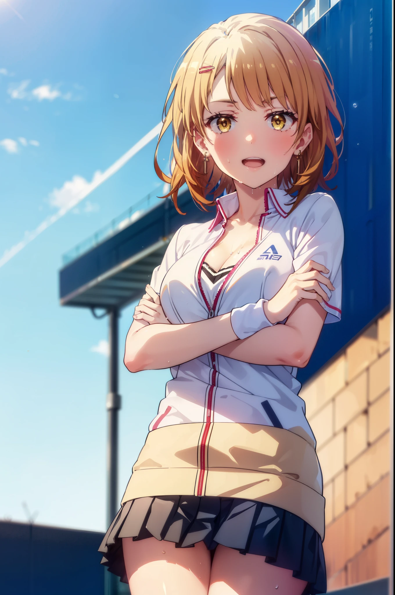 irohaisshiki, Iroha Isshiki, short hair, Brown Hair, (Brown eyes:1.5), happy smile, smile, Open your mouth,smile,
Tennis uniform, Hair Clip, Earrings, jewelry, nm1, Hair Ribbon, short hair, tennis cosplay, (Pleated super short skirt:1.4), (Thighs:1.3), (large teeth:1.3), large chests, (Provocative face:1.3), Open your mouth, (Cross your arms:1.3), (chest:1.3), teeth, Round eyes, (blowing in the Wind:0.5), Sweat around the girl, Dripping Sweat, Squall (Wind:1.2), Speed, 爽やかなWind, Motion Blur Effect, Wind, (I can&#39;t see your pants:1.4) break background is (Tennis court:1.3), (Stand in the center of the screen:1.3), (10,000 spectators:1.3), There are multiple people behind you, Blue sky with clouds, Outdoor, (Amazing panoramic views:1.2), Wind break sunlight, Nice views, Rainbow in the sky, Particles of light,
break indoors, classroom,
break looking at viewer,
break (masterpiece:1.2), highest quality, High resolution, unity 8k wallpaper, (figure:0.8), (Beautiful fine details:1.6), Highly detailed face, Perfect lighting, Highly detailed CG, (Perfect hands, Perfect ???????),