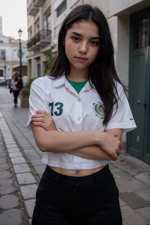 a girl with straight black hair wearing a mexico uniform