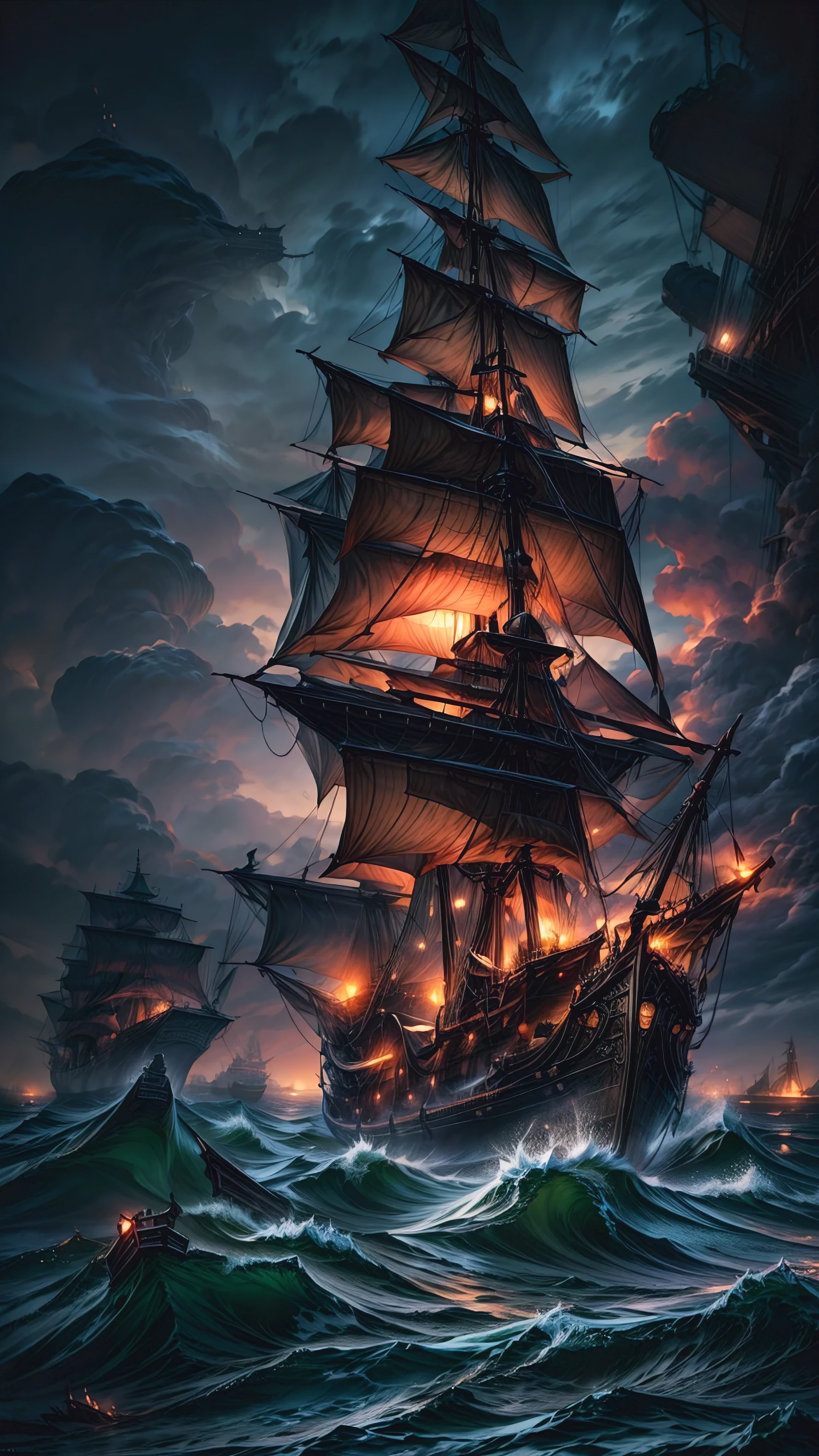 there is a Ship that is floating in the ocean at night, a Ship lost in a storm, gothic Ship on ocean, Ship at sea, dramatic nautical scene, Storm at sea, in rough seas with big waves, Shipwreck, old pirate Ship, on a pirate Ship background, The Flying Dutchman, Apocalyptic stormy seas, Stormy seas, Night sea storm, Ship