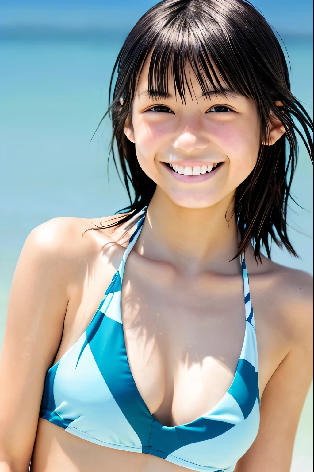 Raw photo、distinct、Japanese、((Japanese))、Shortcuts、boyish、、Toothy smile、looking at the camera、Swimwear、スクールSwimwear、beautiful girl、Clear photos、face、Close-up、((Small breasts))