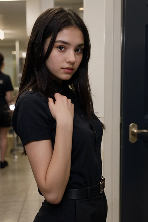 a 13 year old girl with straight black hair wearing a navy blue uniform
