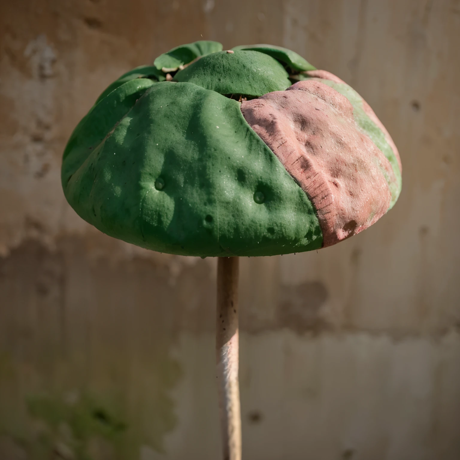 Hongo color verde y rosado arriba de una nube