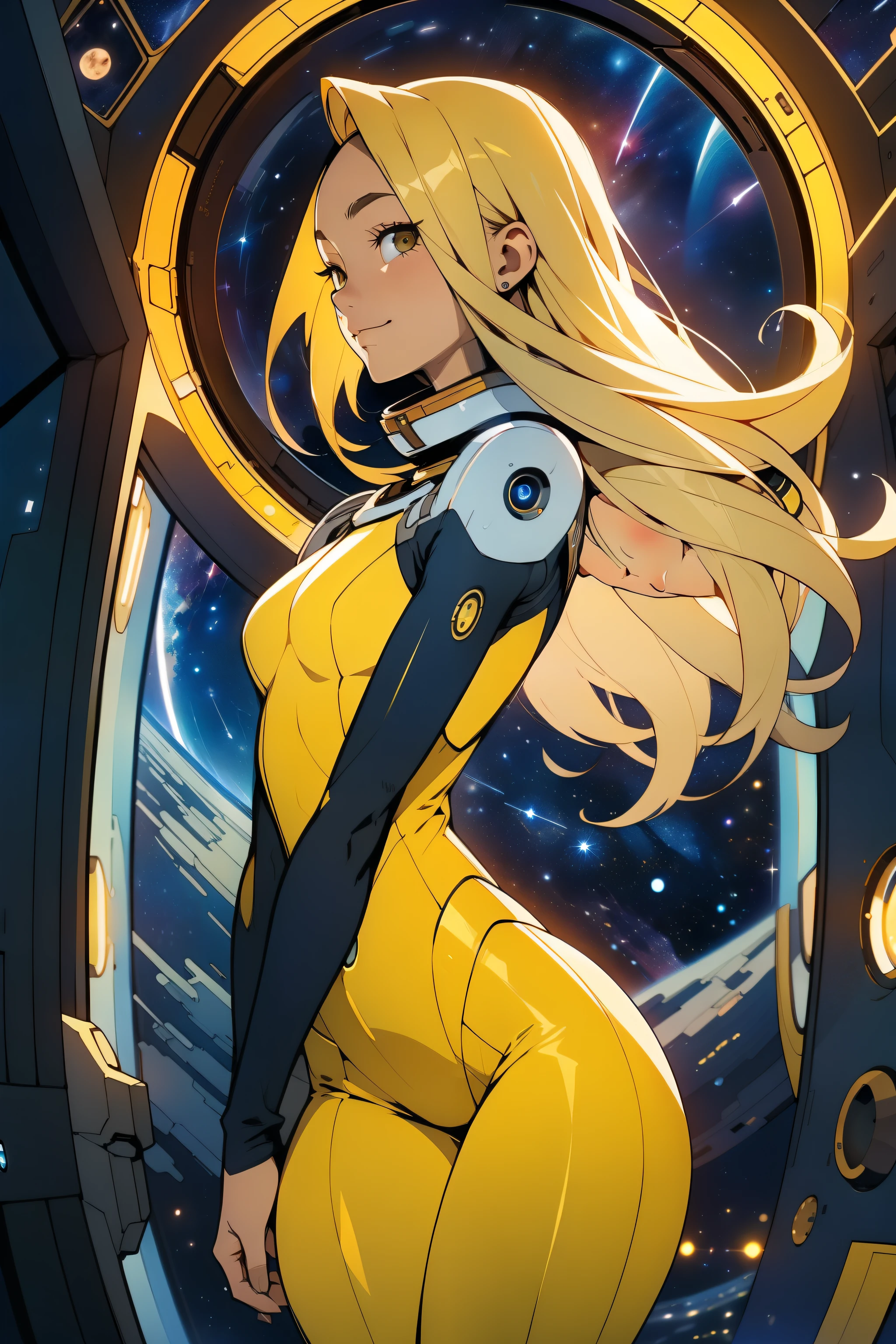 (masterpiece, best quality:1.2), (cowboy shot:1.1), solo, 1girl, mori yuki, slight smile, closed mouth, side view, looking at viewer, blonde hair, long hair, thigh gap, yellow bodysuit, skin-tight, perfect body, large window, (starship porthole:1.3), (spread legs:1.0), (standing:1.1), thigh gap, sensual pose, sideview, perfect hands, bright starship interior, (outer space view:1.1), (orbital view:1.3), (night, stary sky:1.5), milky way