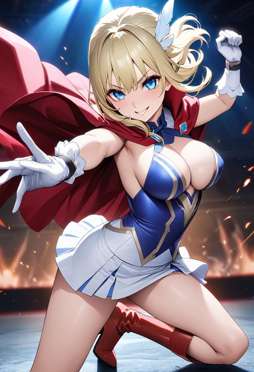 masterpiece、highest quality、Ultra-high resolution、Maximum resolution、Very detailed、Professional Lighting、anime、Adult women、so beautiful、Beautiful Eyes、Beautiful Face、long blond、Feather hair ornament、Blue leotard 、White mini skirt、Red high heel boots、White long gloves、Red Cape、Dynamic fighting pose、smile