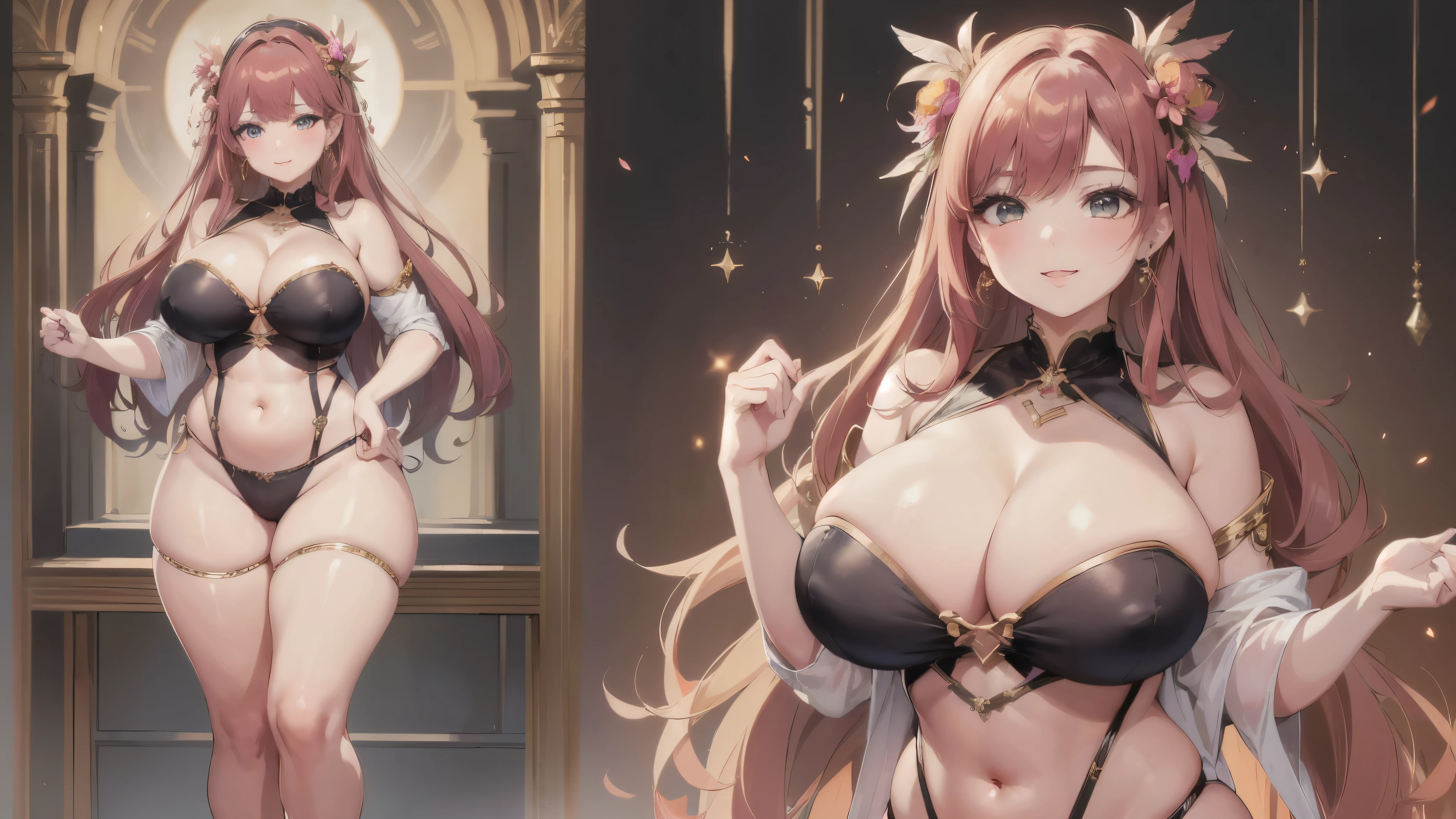 big breasts women, Blonde, colored feather, metal ornaments, colored Flowers, particle, Light, (masterpiece, 最high quality, 最high quality, Official Art, Beautiful and aesthetic:1.2), (1 girl:1.3), Very detailed,(Fractal Art:1.1),(colorful:1.1)(Flowers:1.3),Most detailed,(Dynamic pose), (Abstract background:1.3), (Shiny skin), (Many colors :1.4), ,(Earrings:1.4), (feather:1.4),masterpiece, 最high quality, 30~40 years, Full Body Shot, Mature Woman, Beautiful mature woman,Captivating smile, Thick lips, Plump lips, blush, Looking at the audience, Provocative expression, Cleavage, Plump、Curvy Hips、Attractive face、Mischievous face、An inviting gaze、Expressing emotions,Standing position、Gorgeous accessories and various hairstyles,Gold headband,Ample breasts,Uneven buttocks,Greek clothing,Tulle covers the chest,Perfect balance, Detailed clothing details,Temple,marble,Statue of God,cinematic Lighting, Film Grain, contrast of Light and dark, 8k, masterpiece, Very detailed, Attention to detail, high quality, High resolution, masterpiece, 最high quality, Very detailed, Big Breasts, Are standing, Cowboy Shot, Looking at the audience, Outdoor, blush, 1 girl, (masterpiece:1.3), (High resolution), (8k), (Very detailed), Perfect Face, Beautiful eyes and face, (((最high quality))), (Very detailed), Detailed face and eyes, (alone), High resolution、Beautiful eyes,(((Sexy pose)))、(((Full body depiction)))