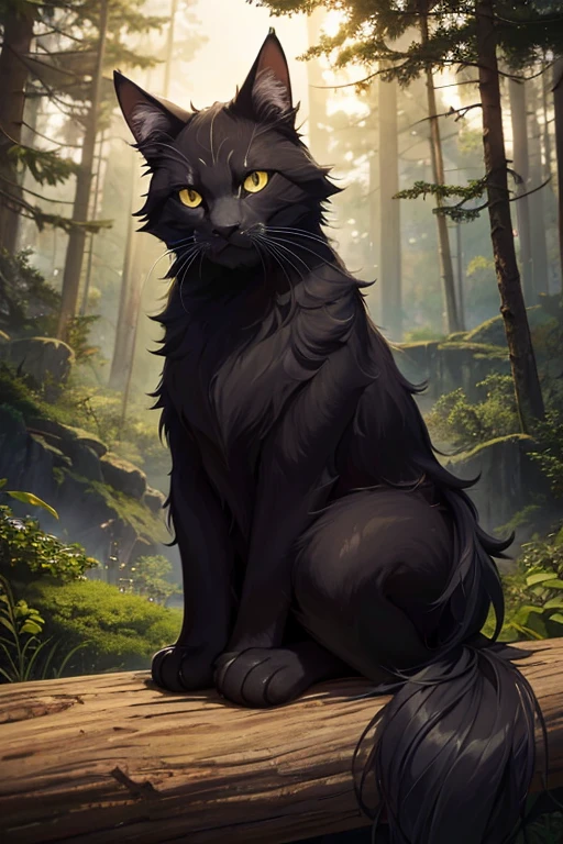 A sleek and agile black cat, solo in the frame, gracefully perched on log in forest, silhouetted by the dense forest full of fantasy. With a coat of shimmering fur, its velvety texture glistening under the soft, golden hues of sunset. Its piercing green eyes, full of curiosity and intelligence, fixed intently on the viewer. A subtle smile plays on its lips as it tilts its head, basking in the warmth of the evening light. Its black ears twitch in the gentle breeze, one paw delicately balanced on the edge, ready to pounce at a moment's notice. Hyper-realistic details highlight every fiber