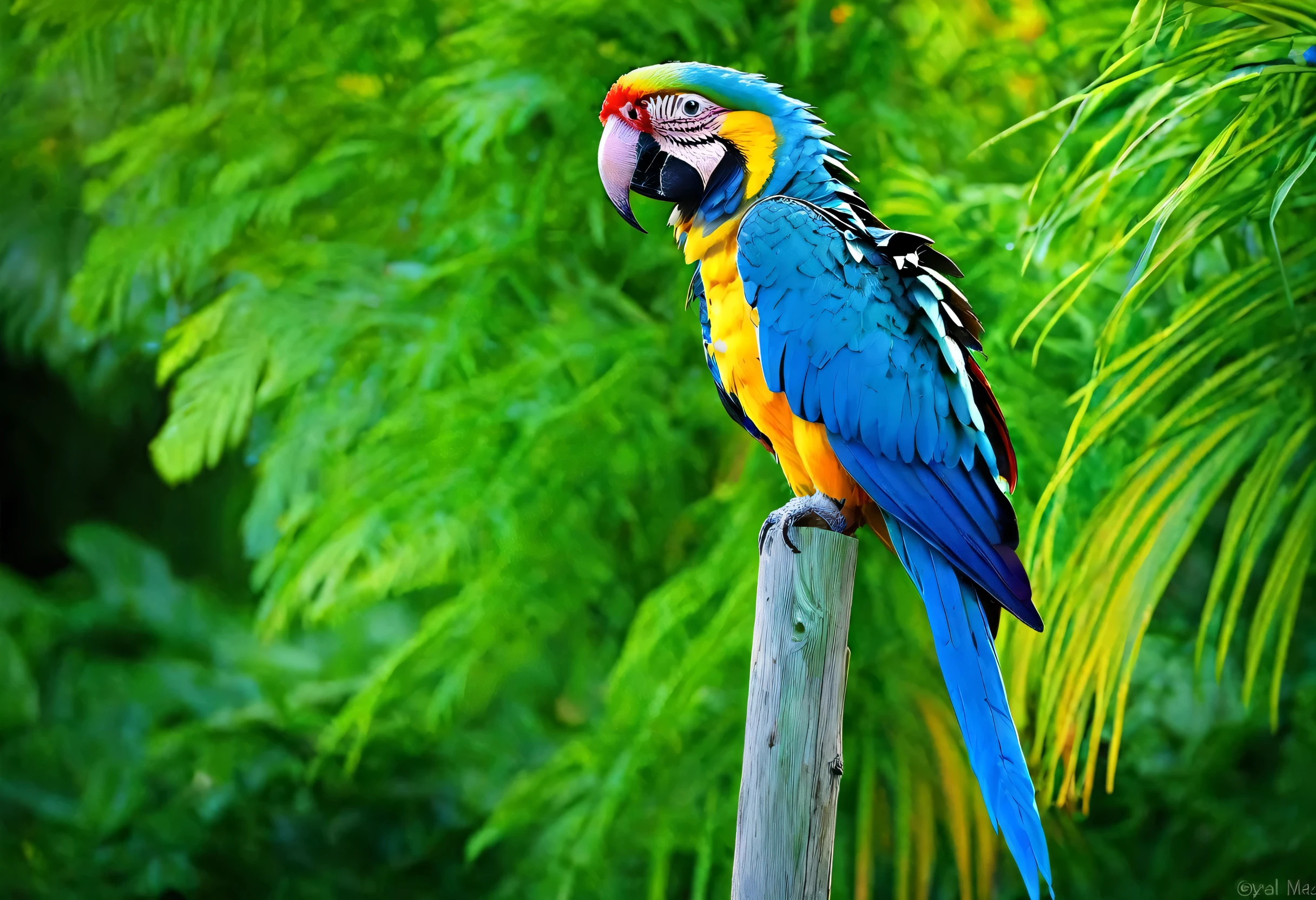 A brightly colored bird perched on a wooden post with green leaves, Multicolored birds, Long colorful bird, Colorful feathers, beautiful and graceful, beautiful nature, beautiful colorful, Great beauty, beautiful gorgeous, beautiful and colorful, Royal Bird, incredibly beautiful, gorgeous beautiful, beautifully painted, Blue macaw, Blue and yellow animals, beautiful, Wallpaper Mobile, beautiful wallpaper
