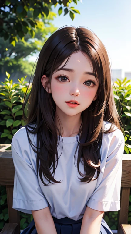 Blushing lightly and smiling, (Top quality masterpiece:1.2) Delicate illustrations, Very detailed, /Beautiful Japanese Woman、1 person,Very cute and slim、Excellent style 、((8K images、super high quality))、Very delicate face, beautiful forehead、Red lipstick,(((((Long Hair、Gradient Hair、Brown Hair))))),Very cute Japanese cut face、Eyes and nose are clearly visible、Kind eyes,(White shirt、Tight Skirt)、garden、Summer sunshine、Sweat