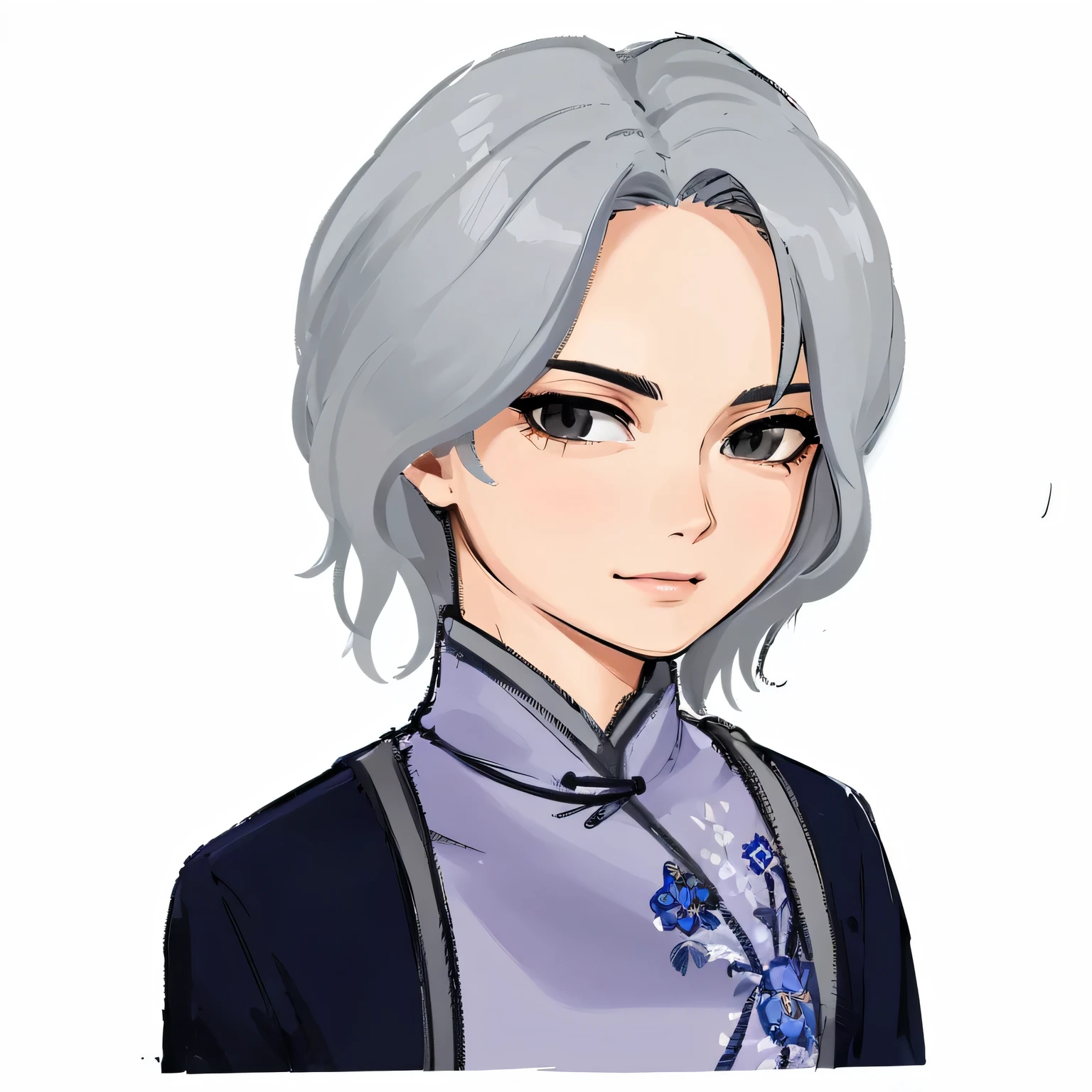 A man in a blue coat、Cheongsam with floral pattern,Portrait of a lady with gray hair, 50 years old,Black eyes,She has dark gray hair, Simple lines,Clean lines,