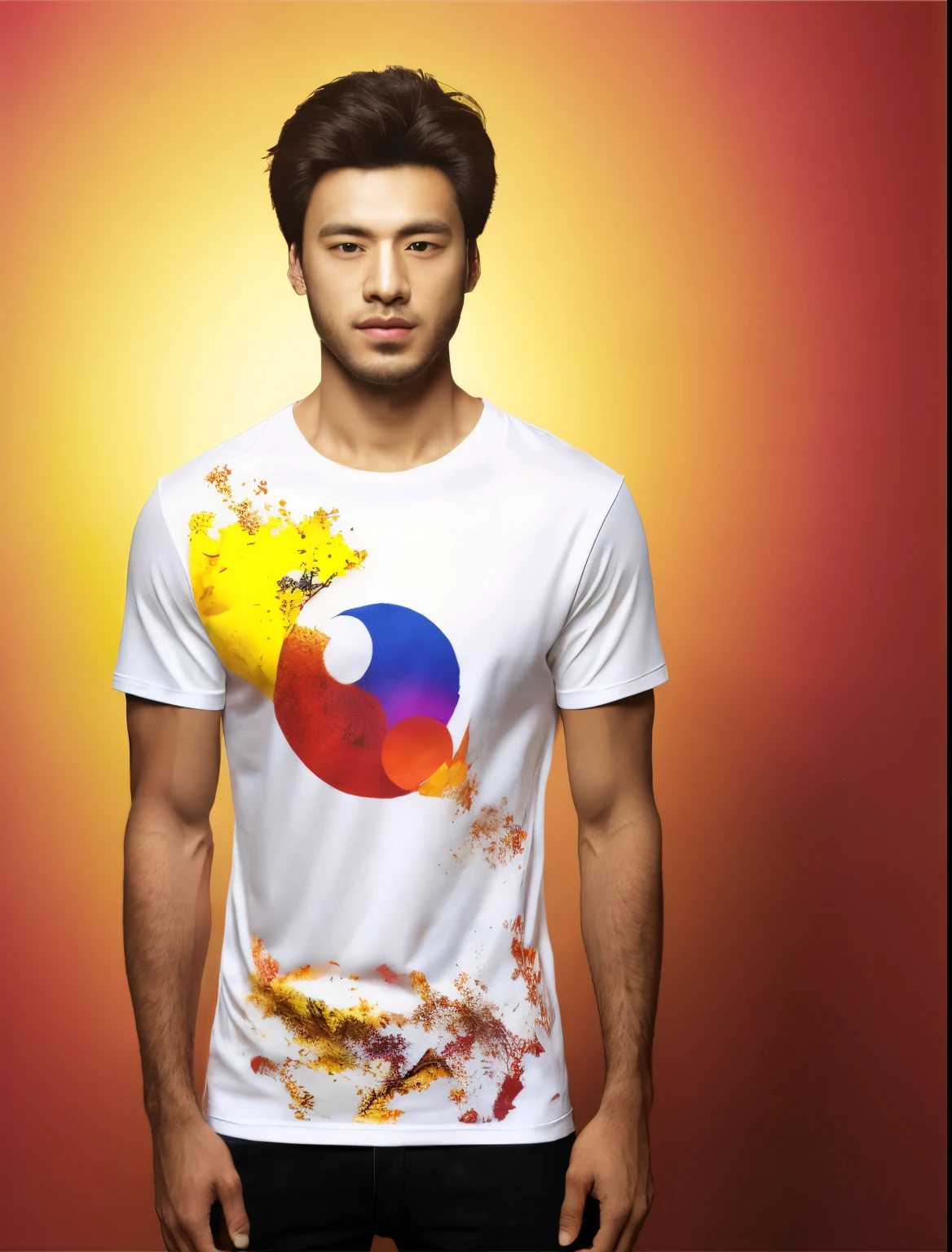 arafed man in a white shirt with a colorful design on it, south korean male, t shirt design, t-shirt design, t - shirt design, tshirt design, shirt design, inspired by Kim Hwan-gi, inspired by Xiao Yuncong, multicolored tshirt art, with 3 d render, with 3d render, a tshirt. blender art