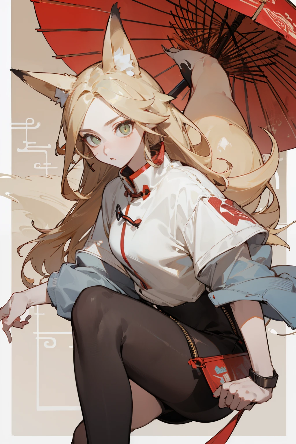 (masterpiece, best quality) detailed, Wearing black tights, silver accessories , The zipper is not closed , Blonde ,elegant, (Fox ears),Red Eyeshadow, ,Chinese element pattern,thigh,漏出thigh,White shirt