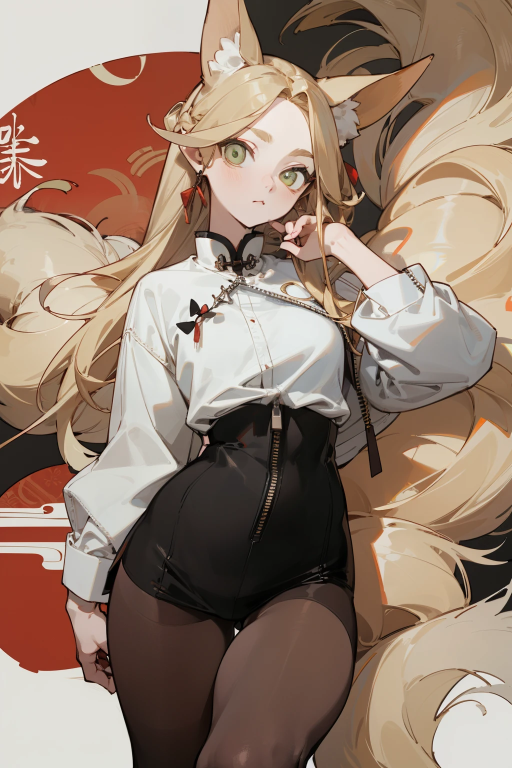 (masterpiece, best quality) detailed, Wearing black tights, silver accessories , The zipper is not closed , Blonde ,elegant, (Fox ears),Red Eyeshadow, ,Chinese element pattern,thigh,漏出thigh,White shirt
