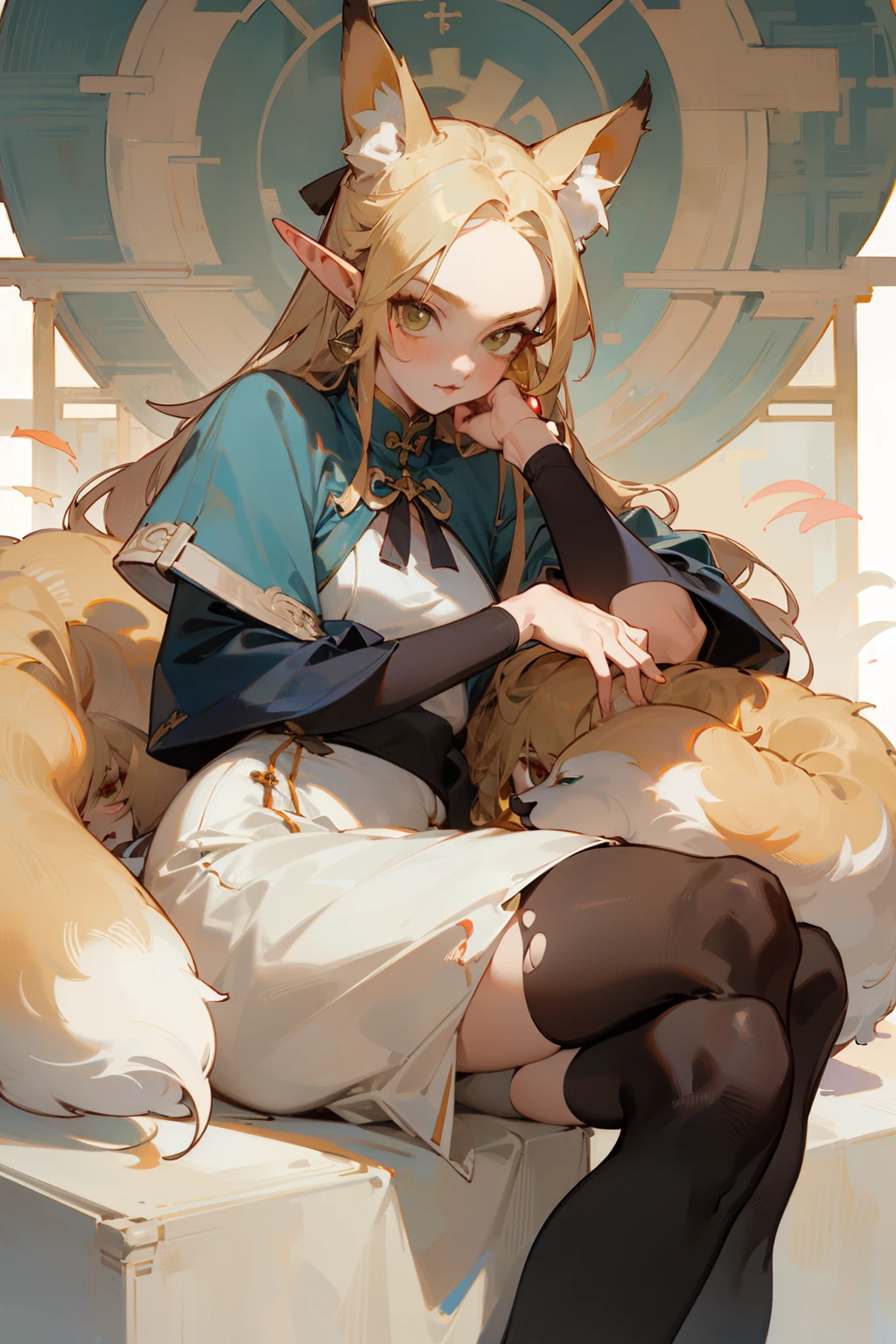 (masterpiece, best quality) detailed, (Fox ears),Wearing black tights, Red Eyeshadow, silver accessories , Blonde ,elegant, Pointed ears ,Chinese element pattern,thigh,漏出thigh,White long skirt,Clothes are torn,Alphonse Mucha