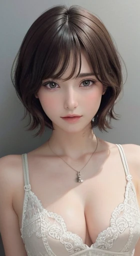 (((highest quality、8k、masterpiece)))、Sharp focus、Cinema Lighting、Soft Light、High Resolution Skins:1.3、Realistic skin texture、30 year old mature woman、Small face、No makeup、short hair、Dark brown hair、Beautiful eyes in every detail、Small breasts、、Bust B cup、Wearing a pendant、Sexy pose、Slim figure、Cool Beauty、Gray background