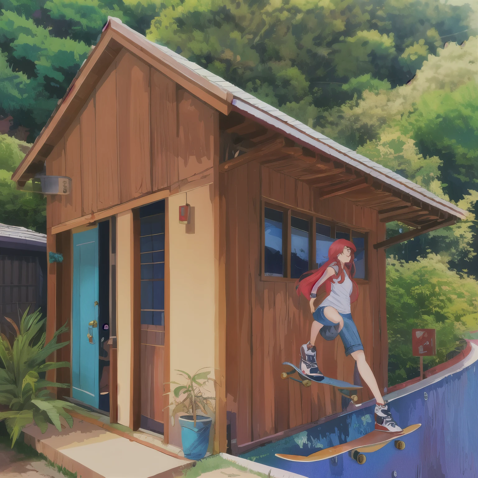 Casa do germano, quintal com grama, arvores, plantas, com uma pequena casa no fundo, e uma rede em cima da grama

girl, red hair, long hair, skateboarding, jeans pants, tank top, cap, backpack, bracelet, necklace