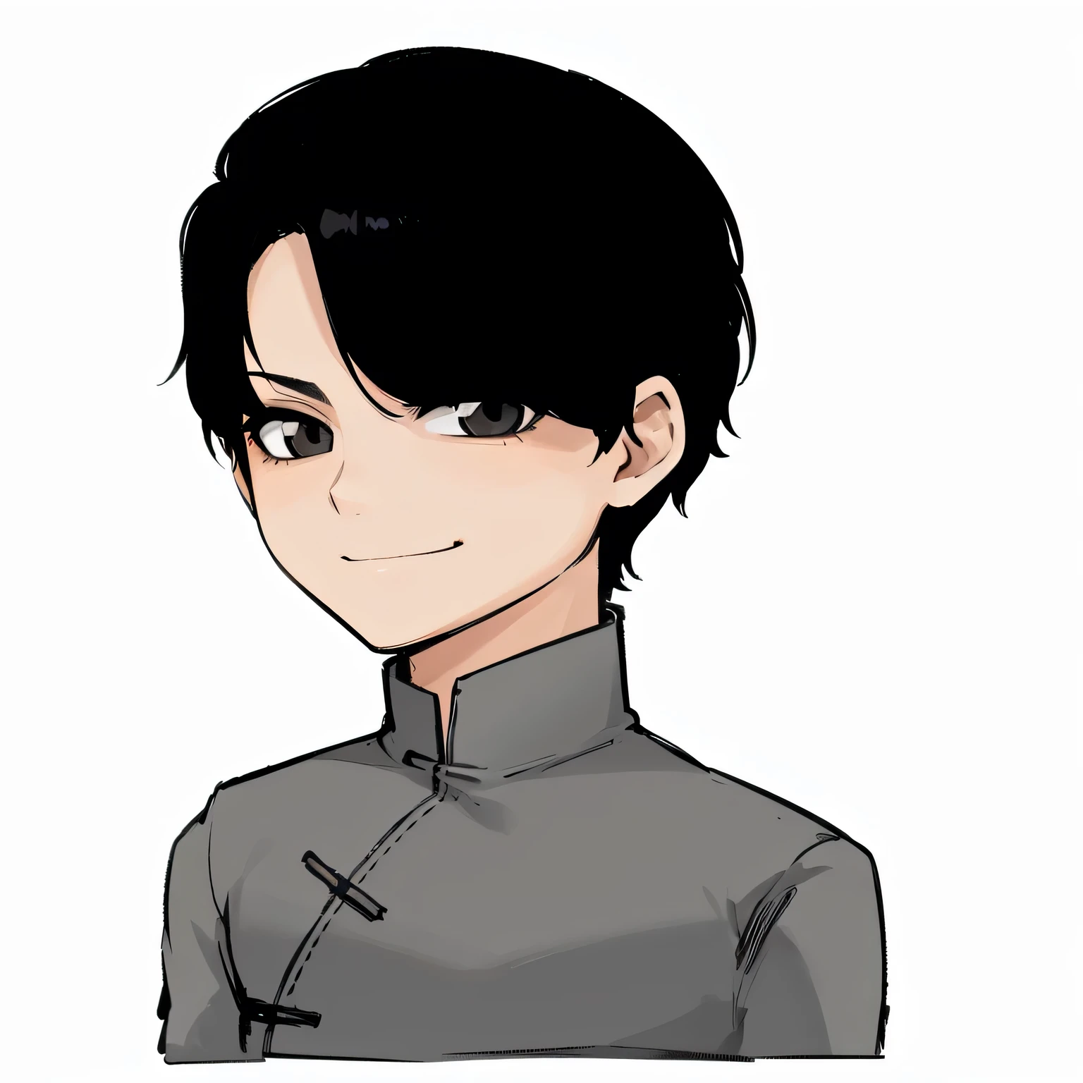 A man in a grey robe、Pictures of short black hair men, Anime style, The boy has short black hair,as an anime character, japanese anime style, Smile，Simple lines，Simple facial features，Black eyes，Clean lines