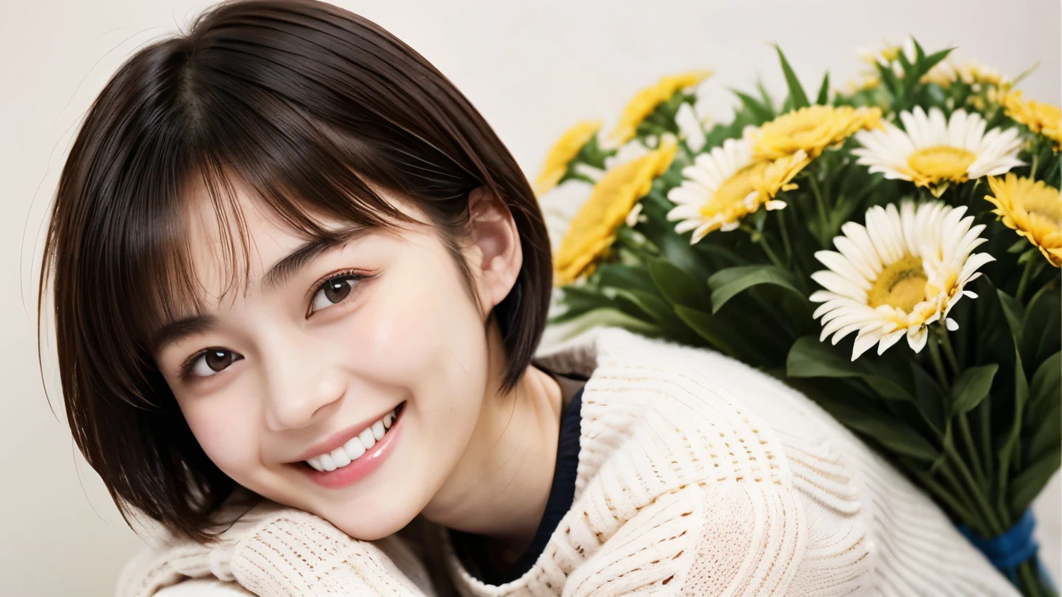 215 Short Hair, 20-year-old woman, A kind smile, Floral