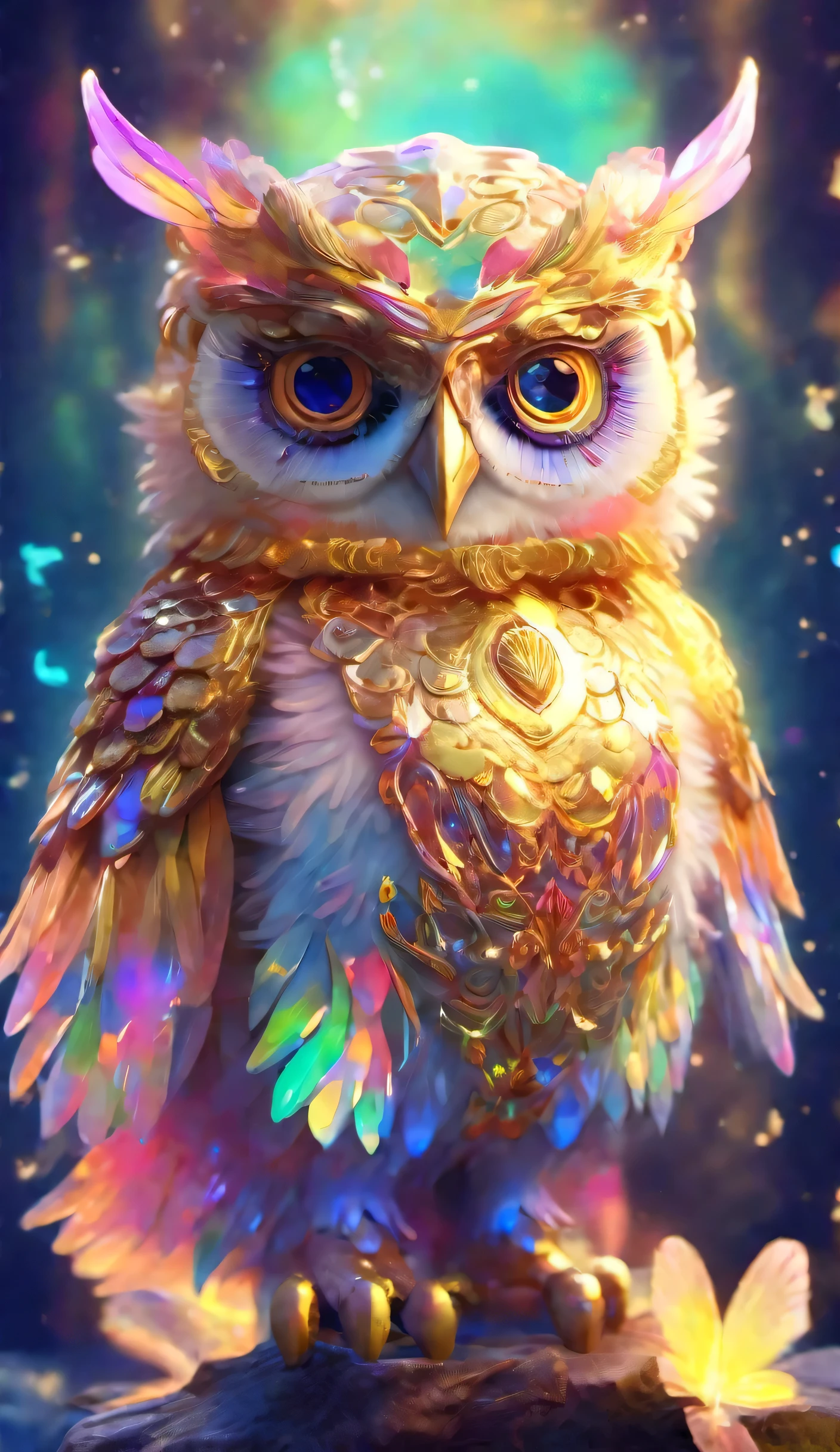 Luminous art owl in fairy costume, psychedelic,god々New Background,god mysterious background,Dignified,gold