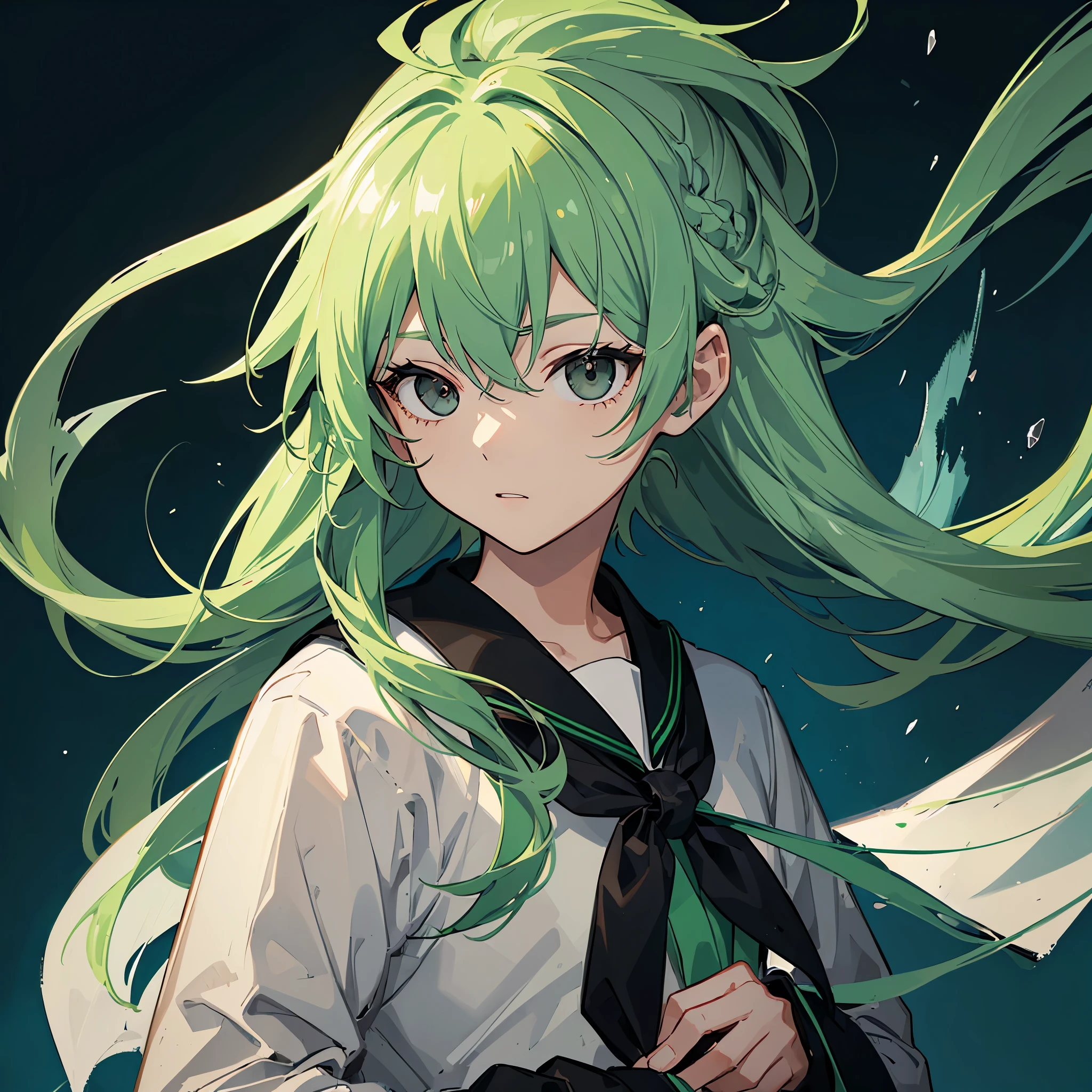((Light green hair)), ((black eyes)), ((portrait)), ((a boy)), long hair, ((sailor suit))